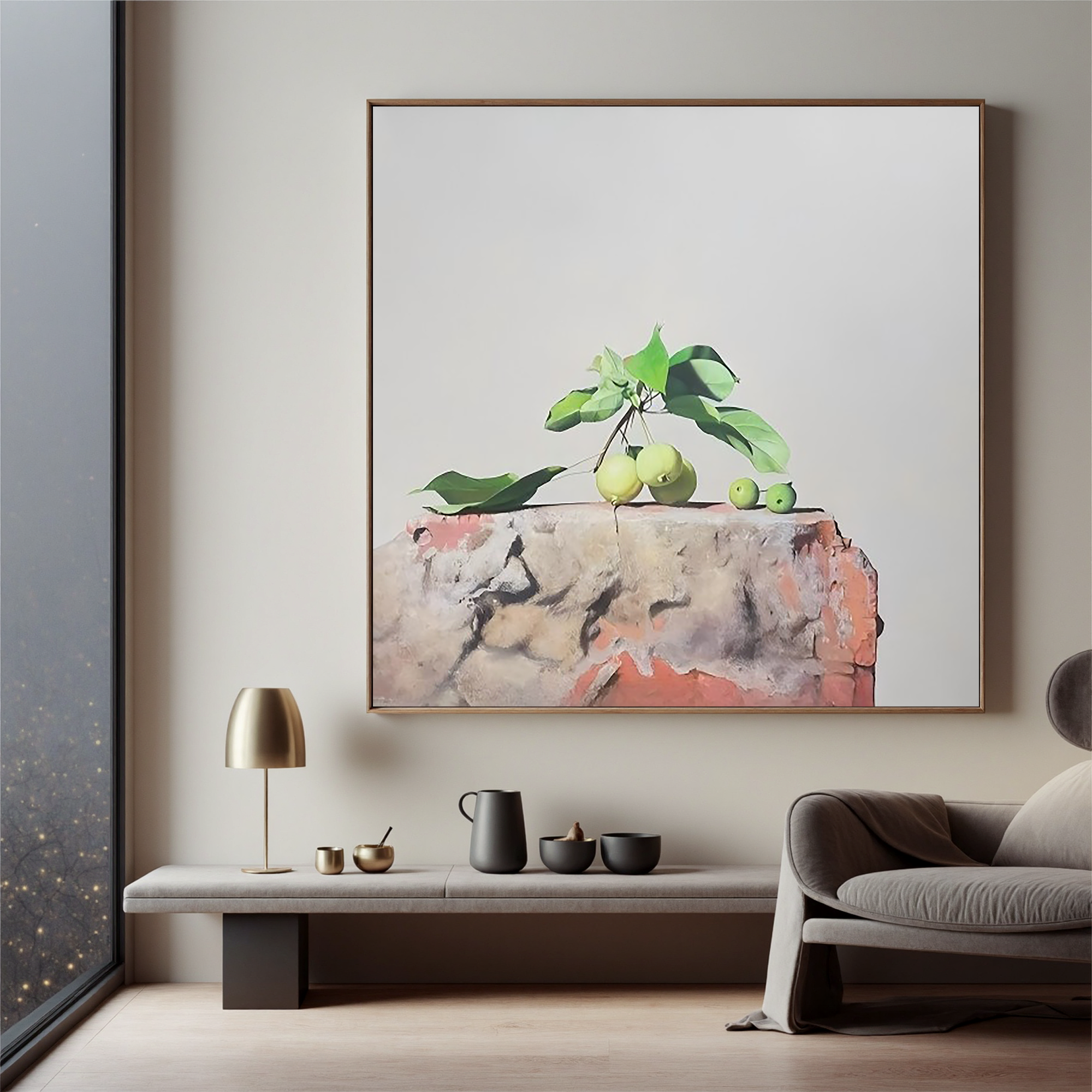 Green Apples on the Stone-Minimalist Green Apple Still Life Wall Art