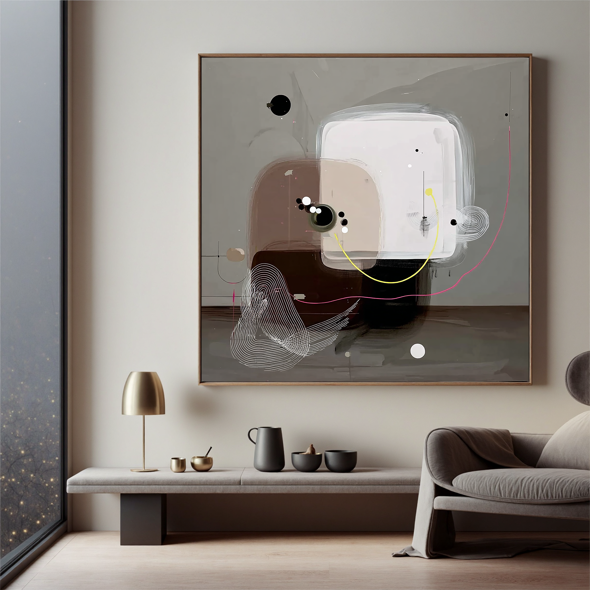 Modern Abstract Geometric Wall Art – Minimalist Neutral Canvas Painting for Contemporary Living Room Decor #OA 0435