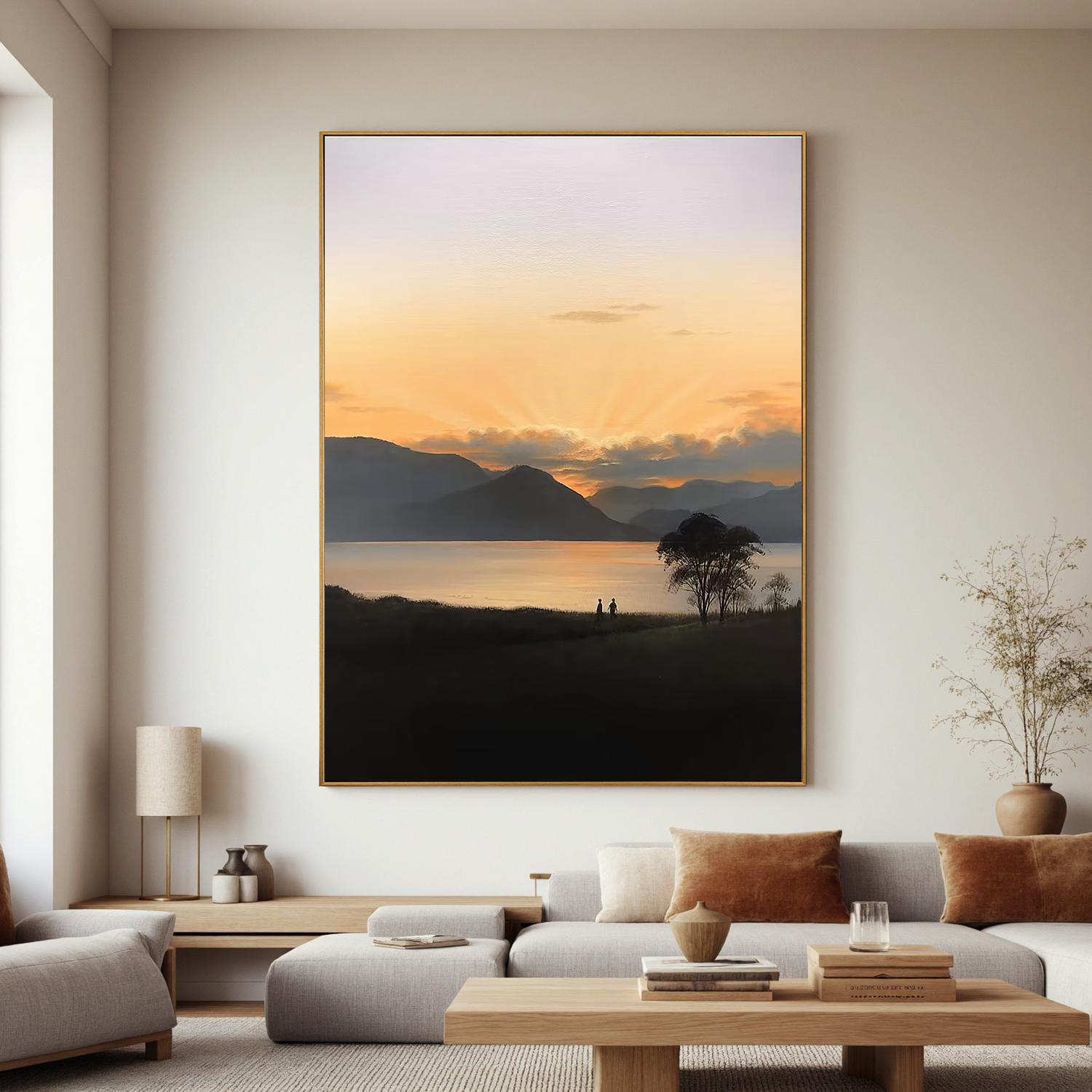 Golden Sunset Lake Landscape Wall Art – Serene Mountain Oil Painting Canvas for Modern Minimalist Home Decor #OA 0771