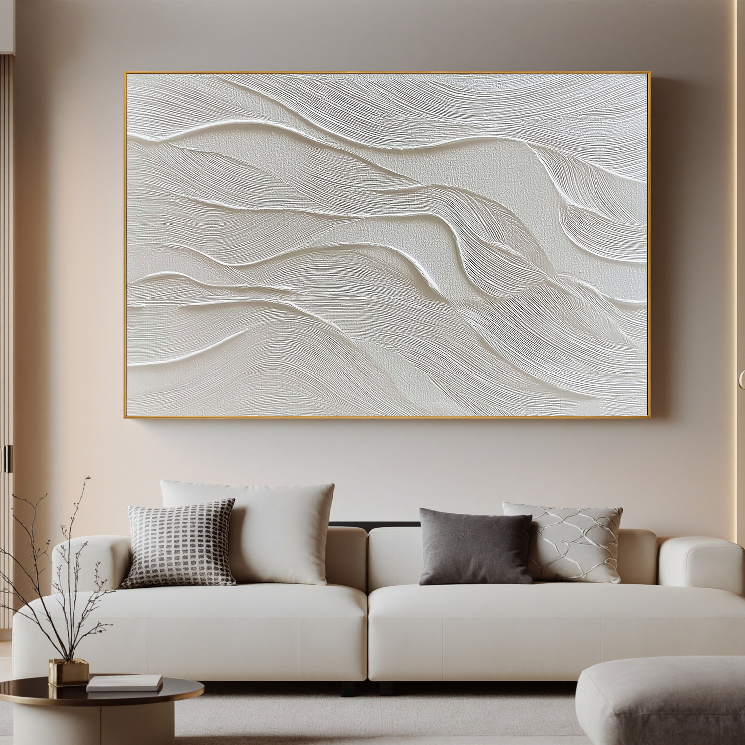 White Textured Abstract Wall Art, Minimal Wavy Lines Canvas Painting for Modern Living Room Décor #OA 0413