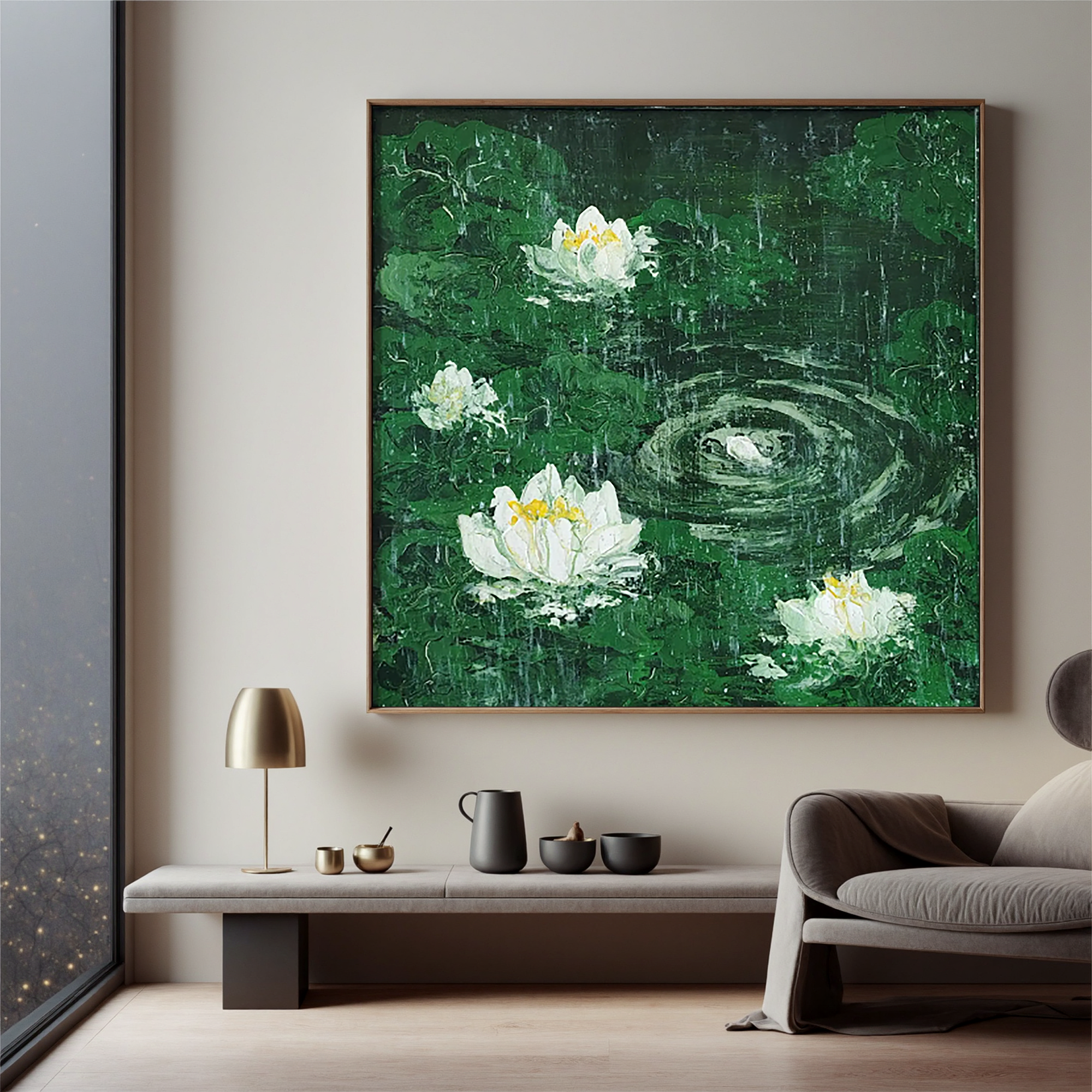 White Lotus Oil Painting, Green Rain Pond Floral Wall Art for Living Room Decor#OA 0606