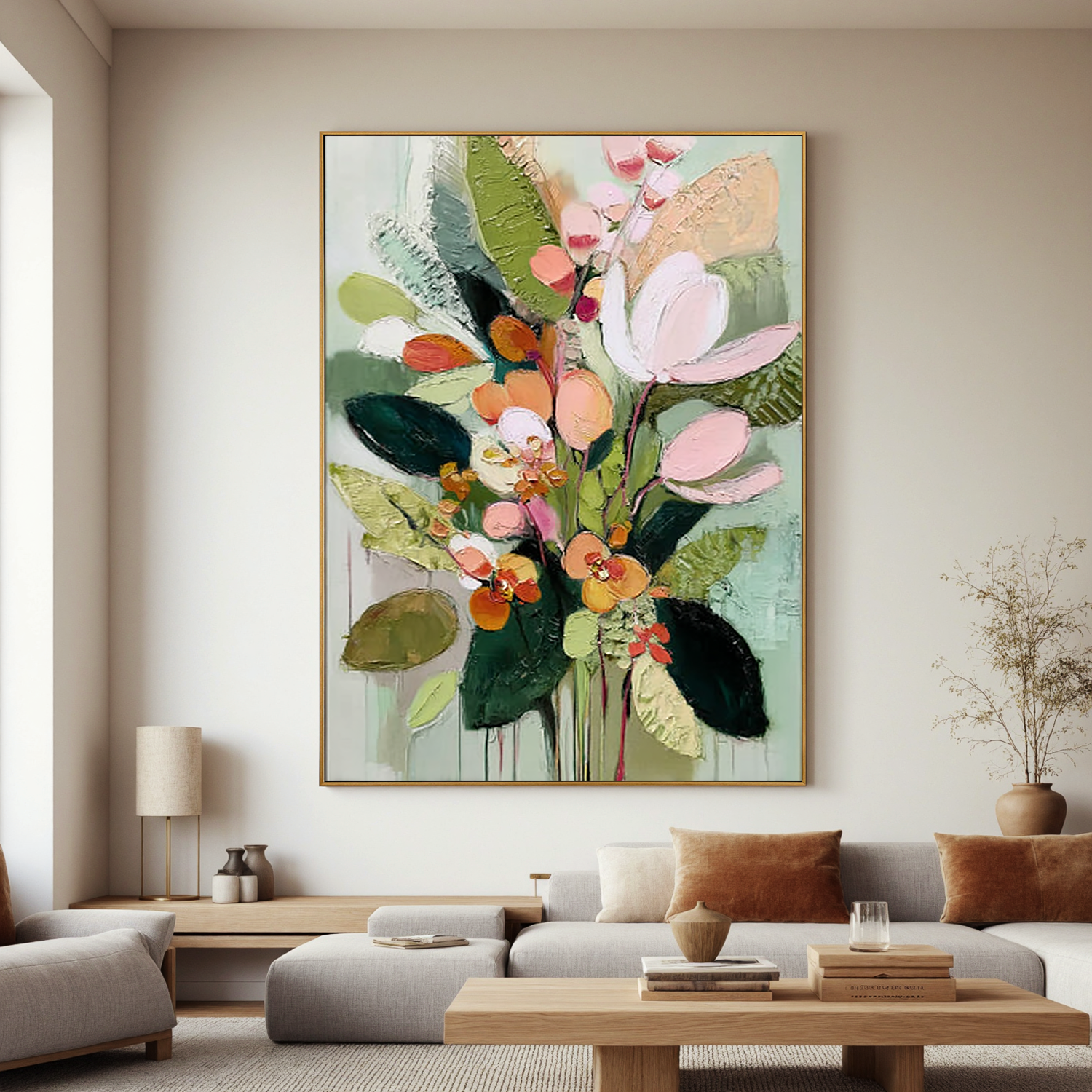Pastel Floral Bouquet Oil Painting, Green Botanical Wall Art for Living Room Decor#OA 0511