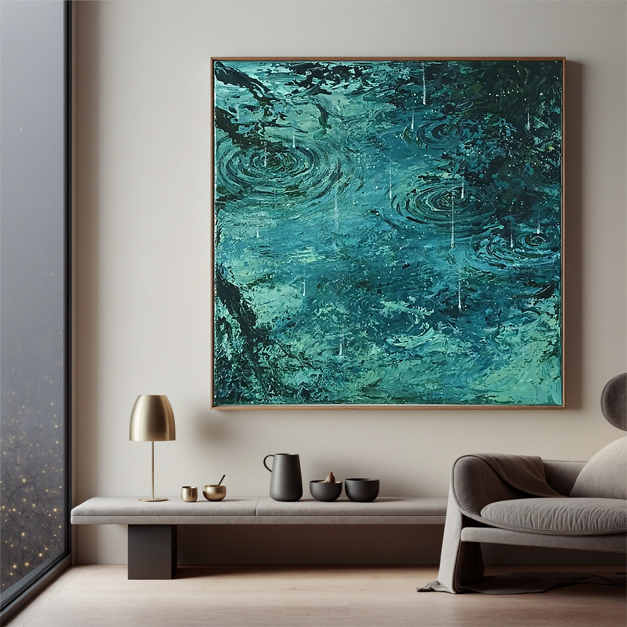 Teal Rain Ripple Oil Painting, Abstract Water Wall Art for Living Room Decor#OA 0604