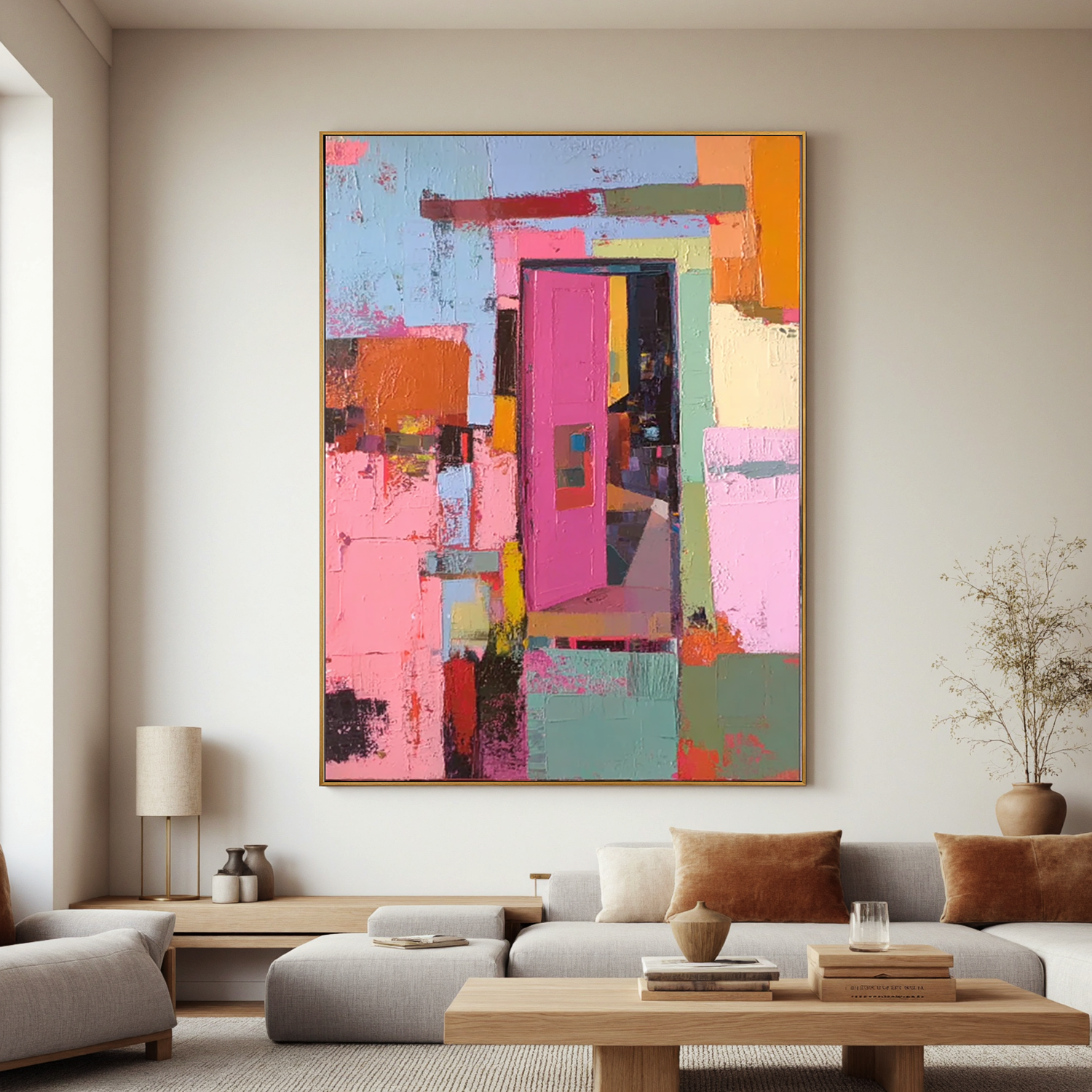 Colorful Door Oil Painting, Abstract Pink Door Wall Art for Living Room Decor#OA 0513