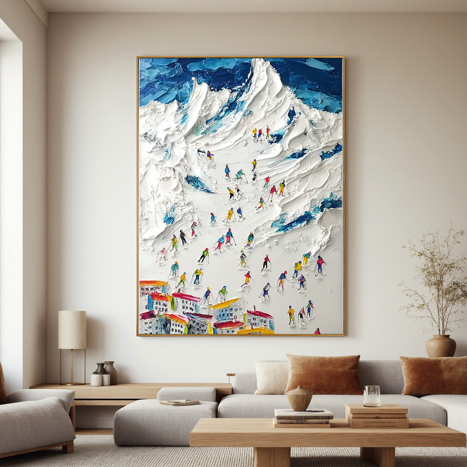 Large Textured Ski Mountain Oil Painting, Snowy Alpine Wall Art for Living Room Decor #OA 0546