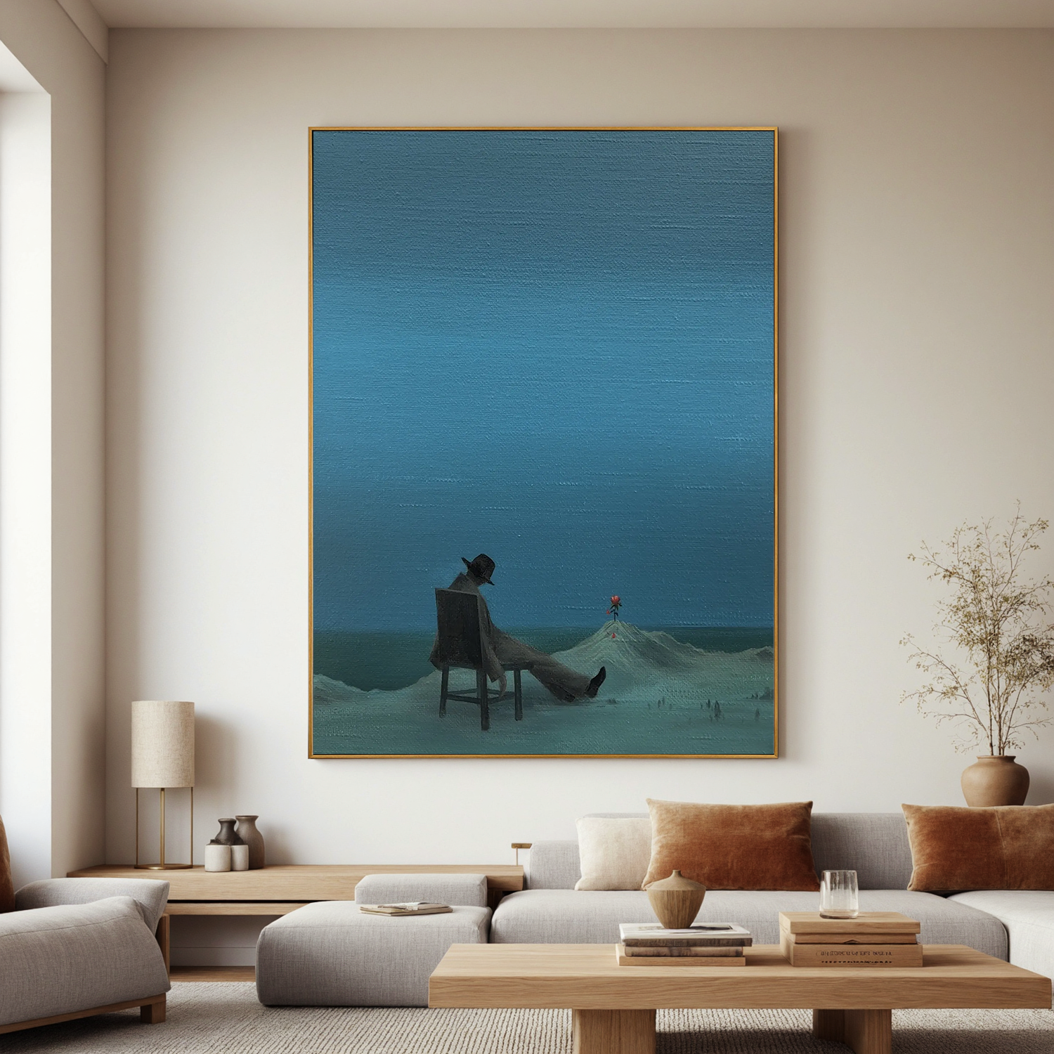 Surreal Minimalist Wall Art, Lonely Man with Red Flower Canvas Painting for Modern Living Room Decor #OA 0763