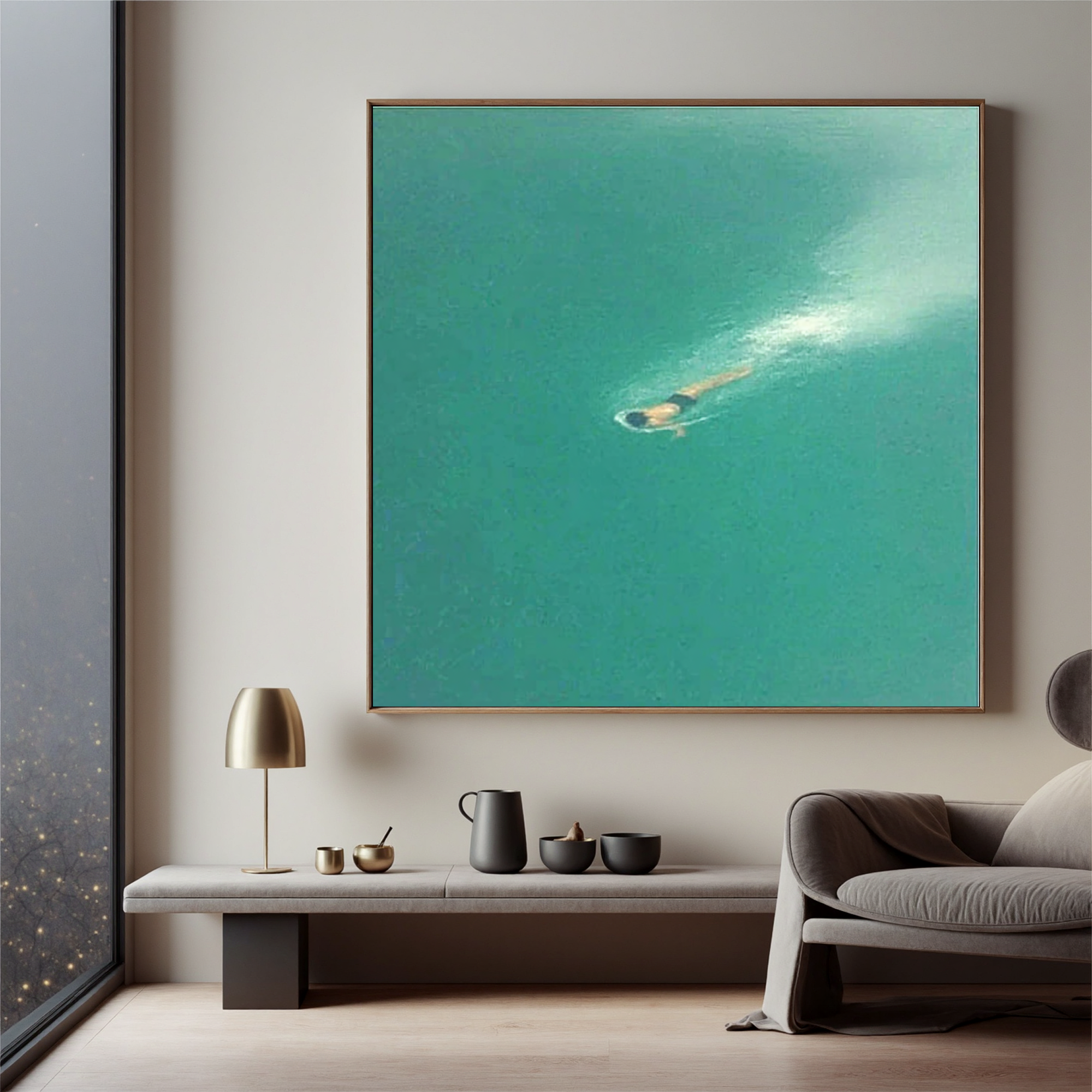 Minimalist Ocean Swimmer Wall Art – Turquoise Sea Canvas Painting for Coastal Bedroom Living Room Decor #OA 0451