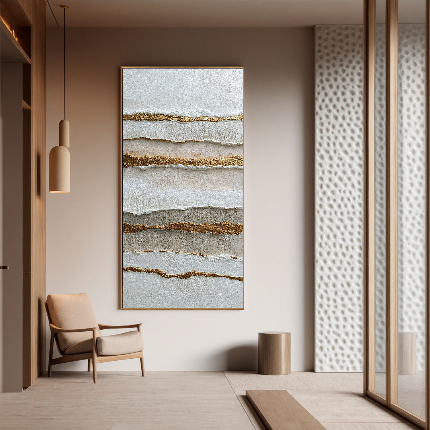 Minimalist Abstract Texture Canvas Wall Art – Neutral Beige White and Gold Vertical Painting for Modern Living Room Decor#OA 0869