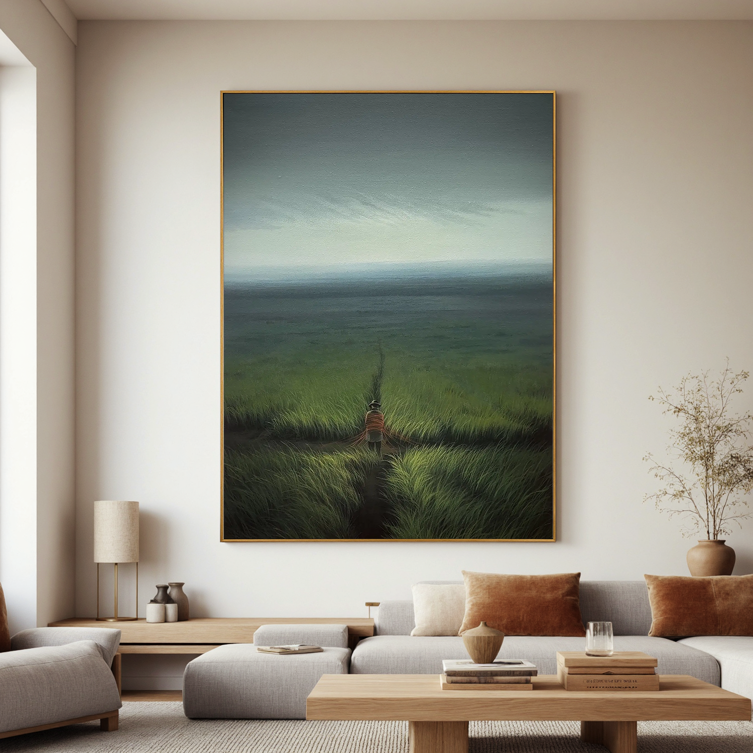 Solitary Figure Walking Through Coastal Grassland Wall Art, Serene Ocean Landscape Canvas Painting for Living Room Decor #OA 0737