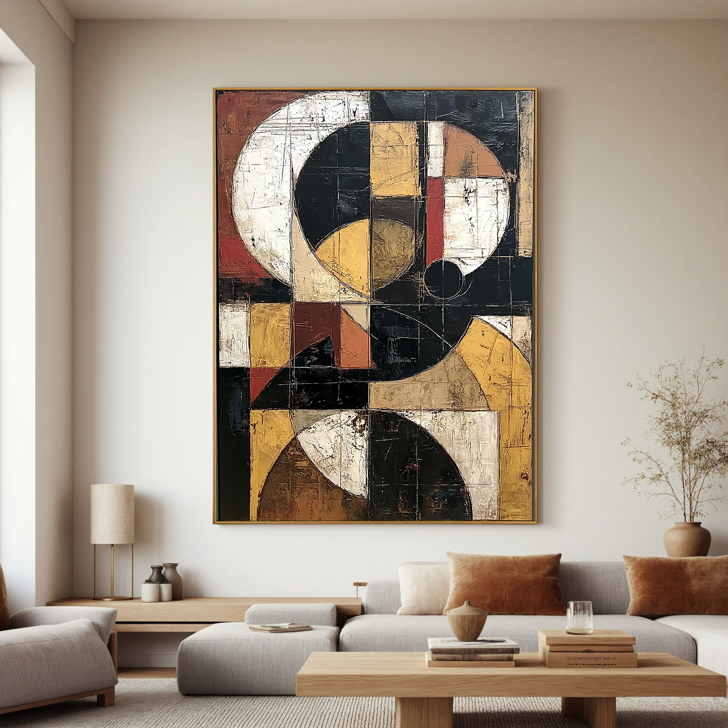 Geometric Abstract Oil Painting, Modern Vintage Wall Art for Living Room Decor#OA 0572