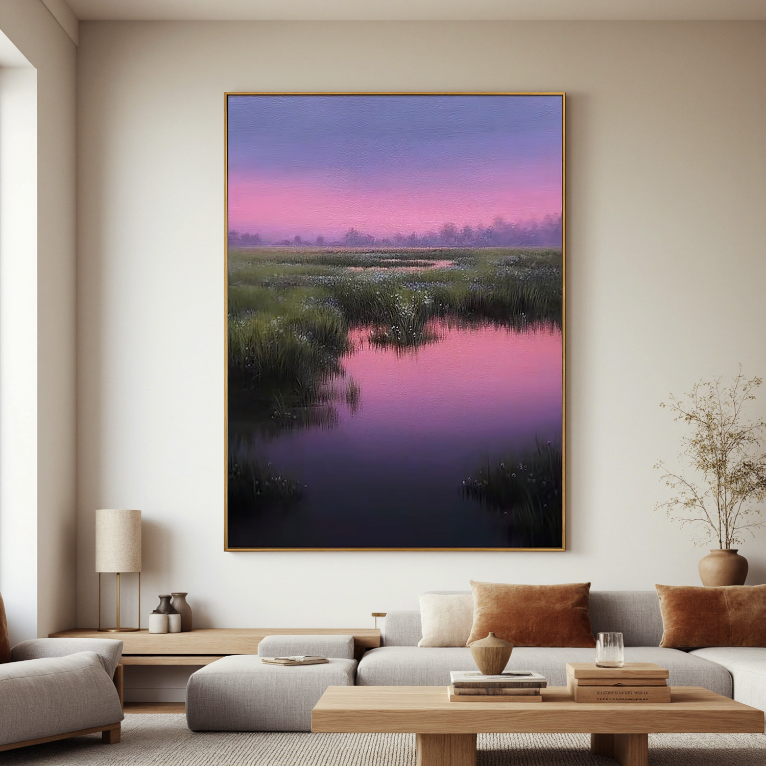 Pink and Purple Sunset Wetland Wall Art, Serene Marsh Landscape Canvas Painting for Living Room Decor #OA 0731