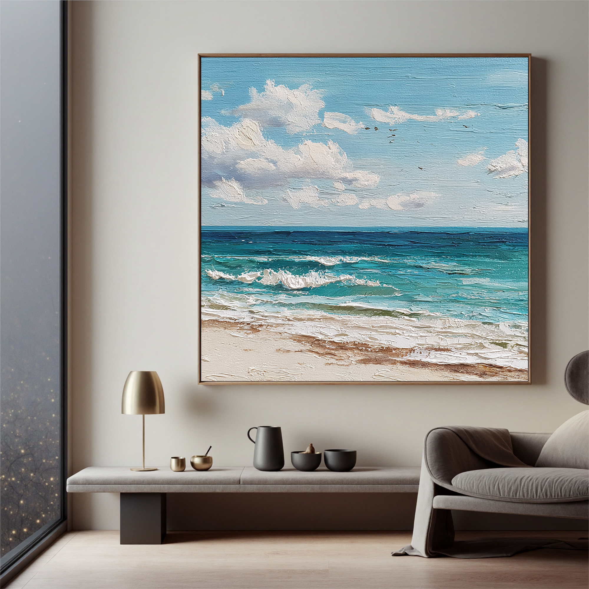 Large Coastal Beach Wall Art – Ocean Seascape Canvas Painting for Modern Living Room Decor#OA 0832
