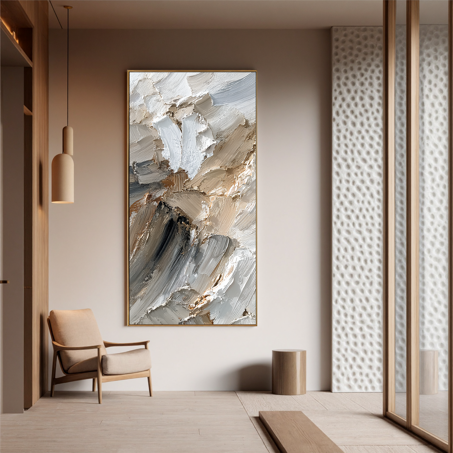 Neutral Textured Abstract Canvas Wall Art – Thick Impasto Painting in Beige Grey for Modern Home Decor#OA 0878