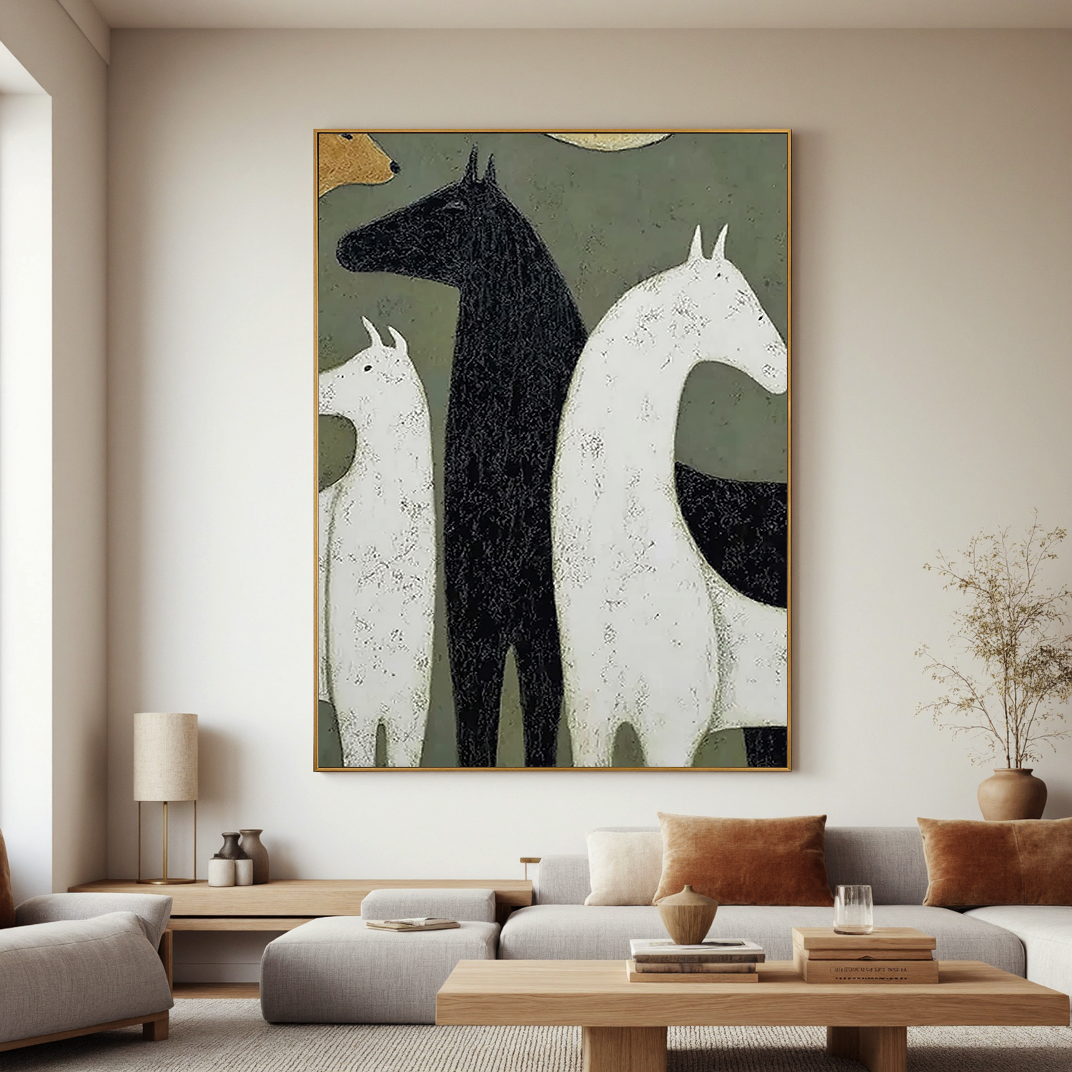Minimalist Horse Oil Painting, Modern Black and White Equine Wall Art for Living Room Decor#OA 0545