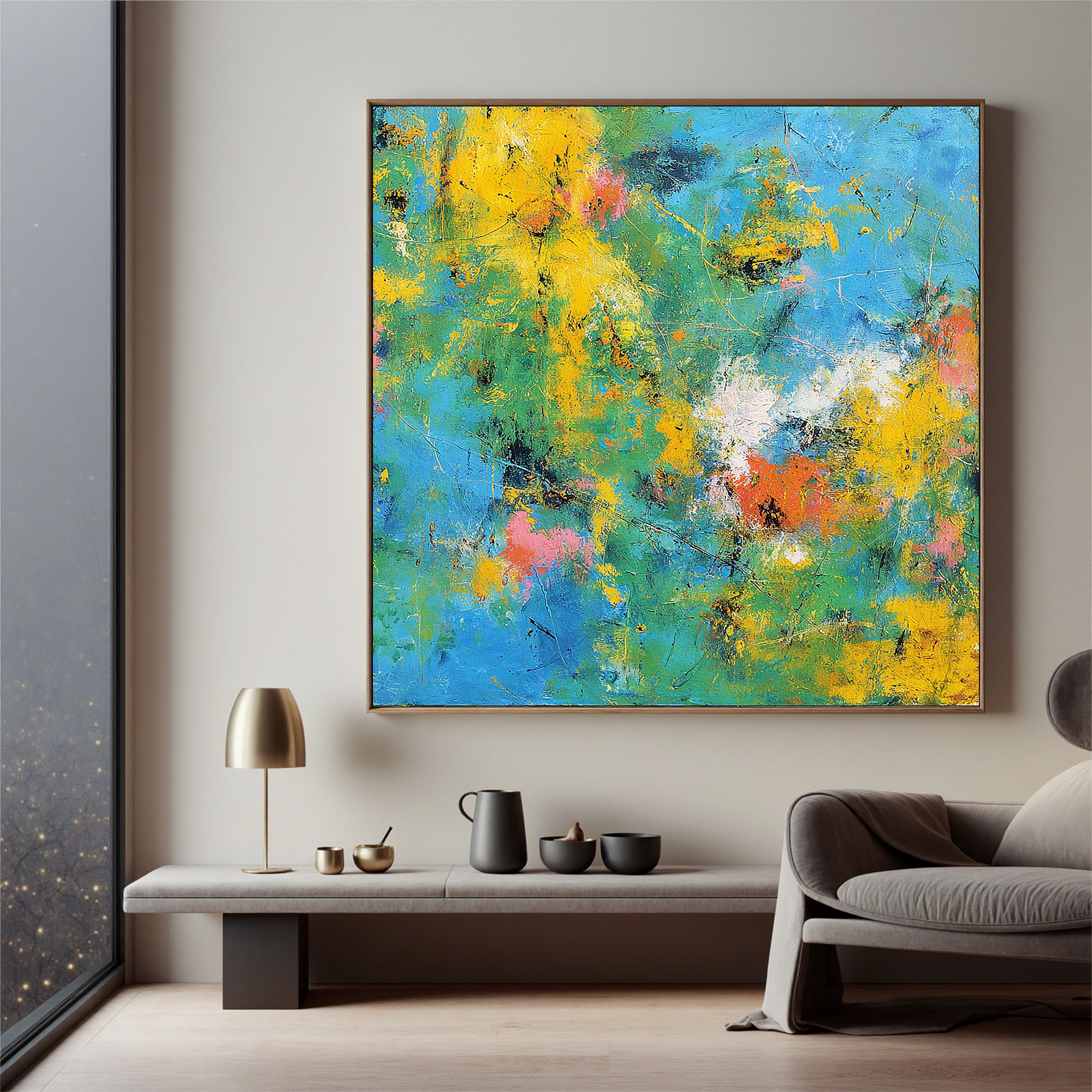 Abstract Colorful Oil Painting Canvas – Blue Green Yellow Modern Wall Art for Living Room Contemporary Home Decor#OA 0491