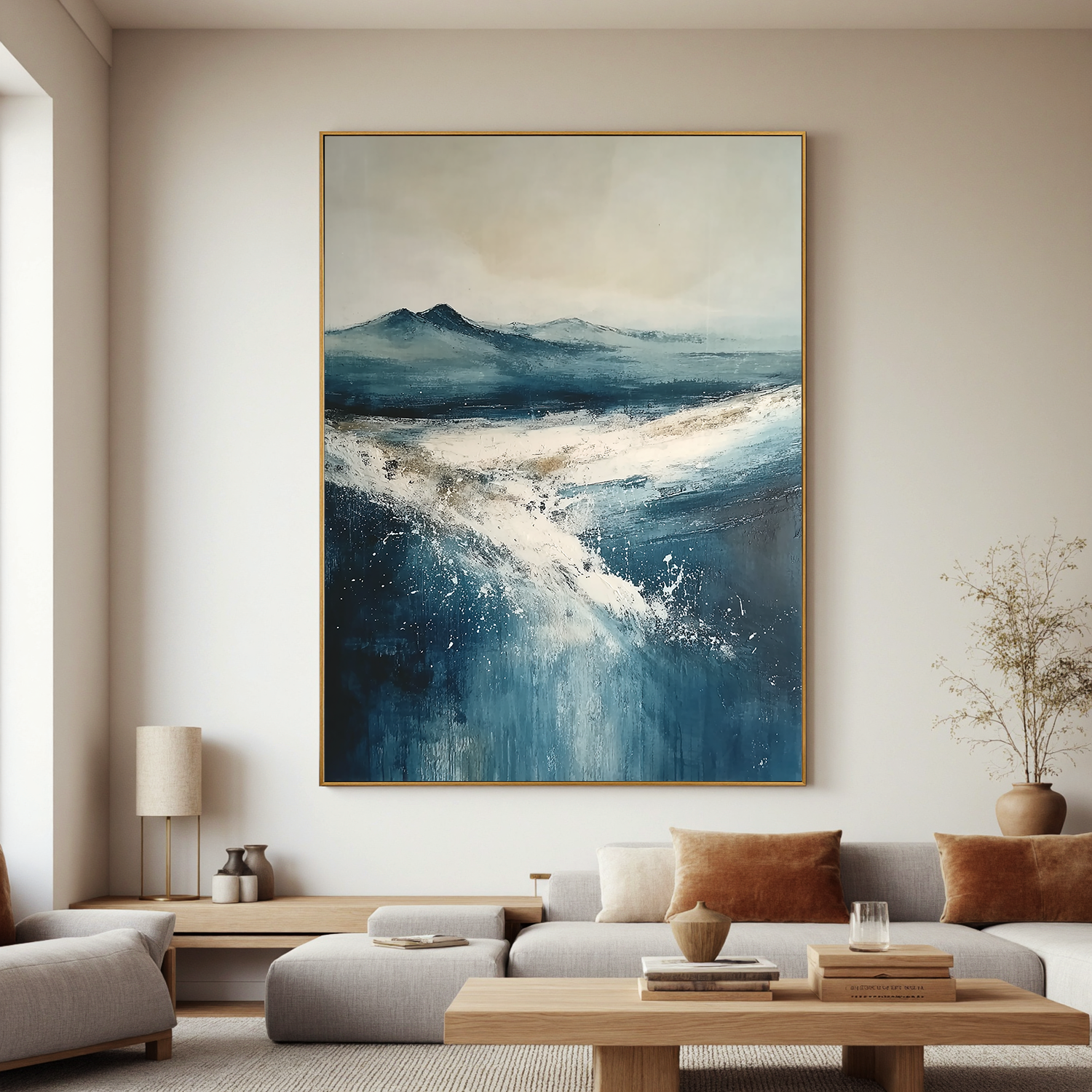 Blue Snowy Landscape Oil Painting, Abstract Coastal Mountain Wall Art for Living Room Decor #OA 0562