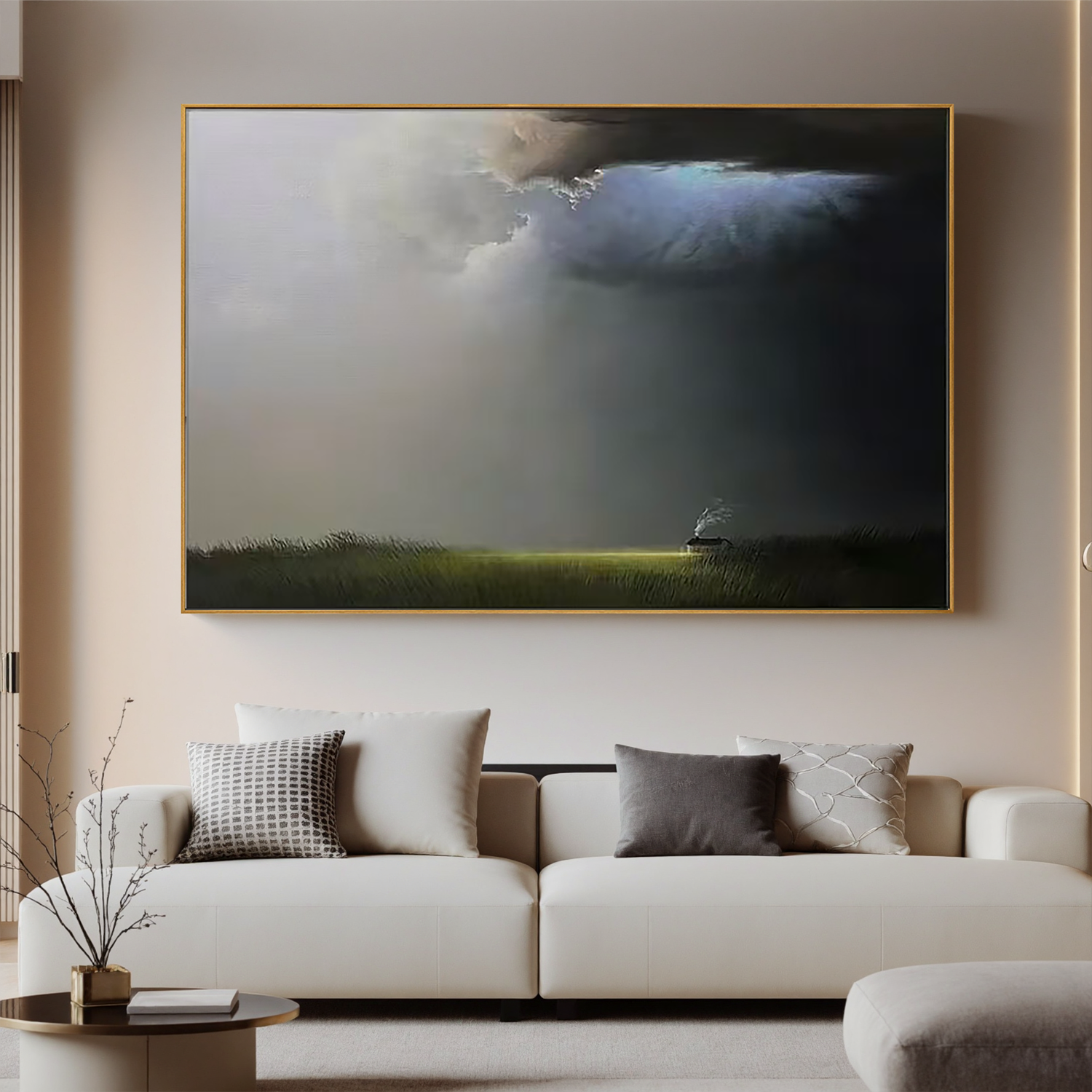 Dramatic Sky Landscape Wall Art, Moody Cloud and Light Canvas Painting with Solitary Cabin for Living Room Decor #OA 0726