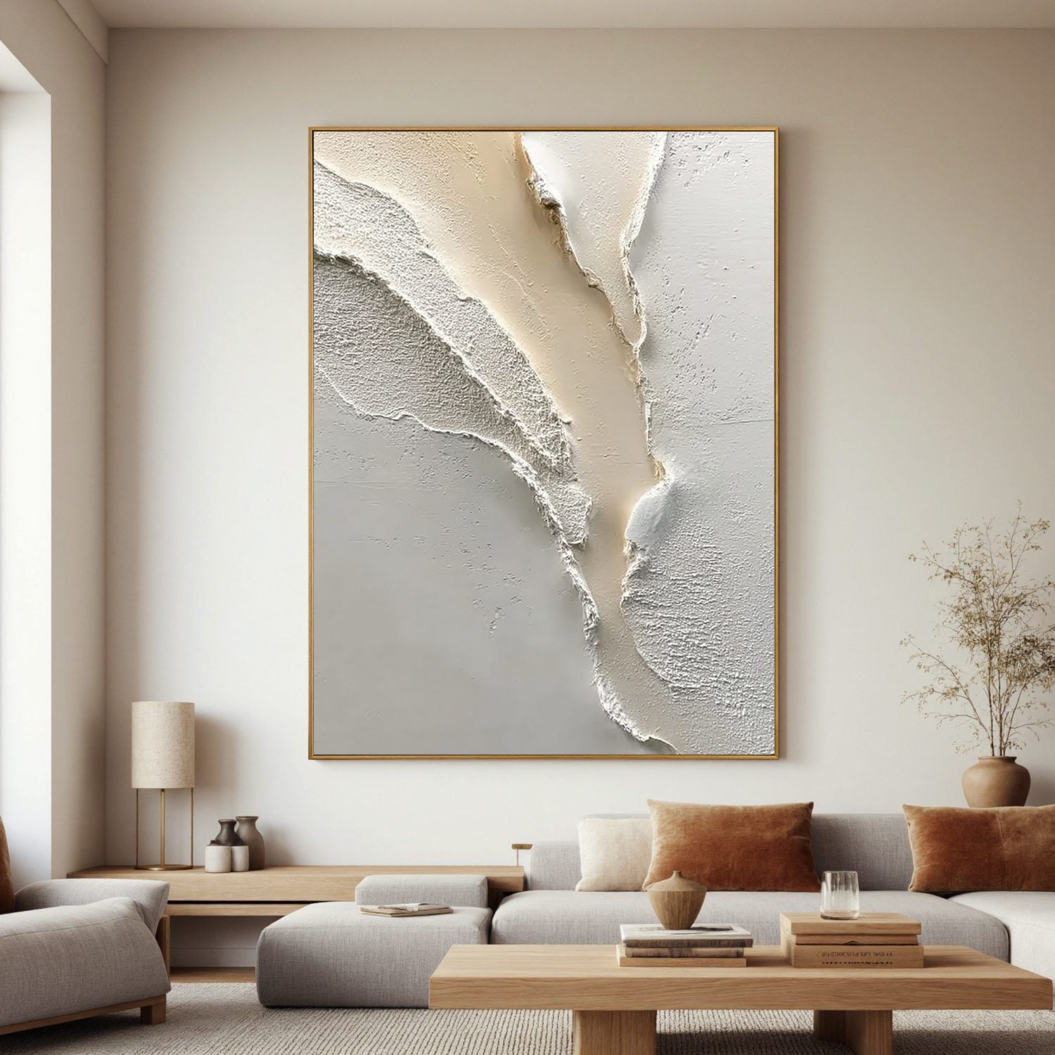 Neutral Textured Abstract Wall Art, White Beige 3D Canvas Painting for Modern Living Room Décor #OA 0009