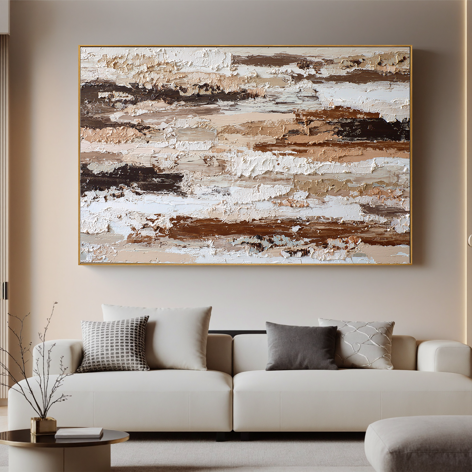 Large Horizontal Neutral Textured Wall Art – Brown and Beige Abstract Canvas for Modern Living Room Decor#OA 827