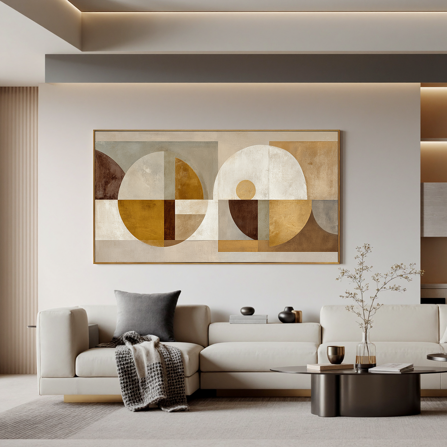 Modern Geometric Abstract Canvas Wall Art – Neutral Beige and Gold Mid Century Large Horizontal Painting for Living Room Decor#OA 0861