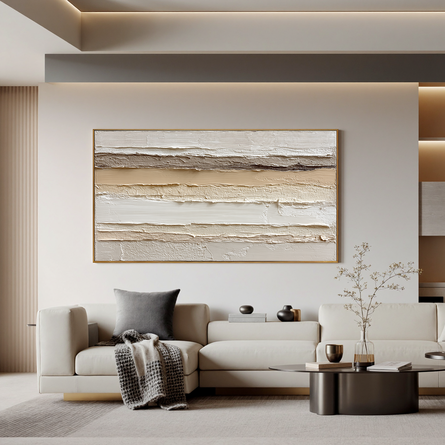 Large Horizontal Neutral Textured Wall Art – Beige Minimalist Abstract Canvas for Modern Living Room Decor#OA 0823