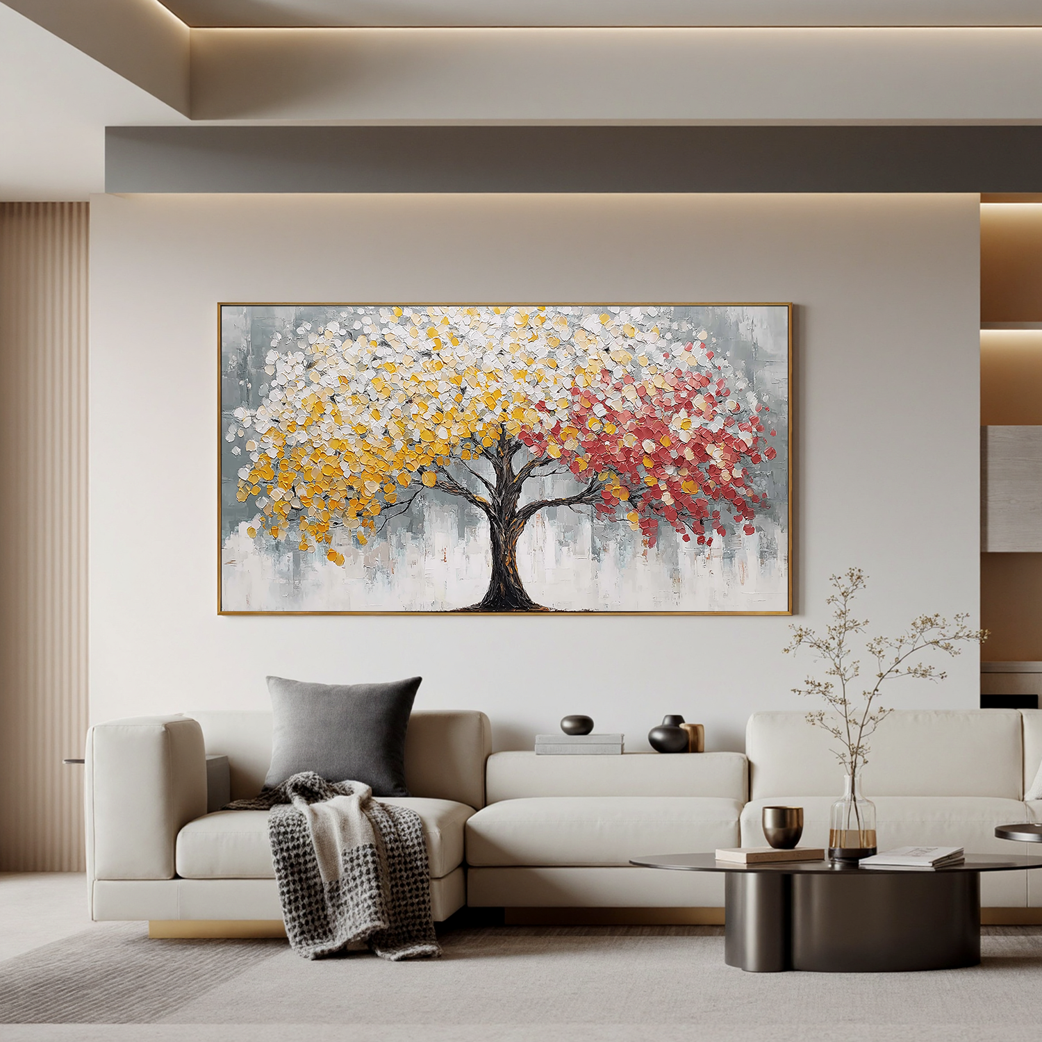 Dual Color Tree of Life Canvas Wall Art – Abstract Yellow and Red Textured Painting for Living Room#OA 0855