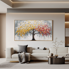 Dual Color Tree of Life Canvas Wall Art – Abstract Yellow and Red Textured Painting for Living Room#OA 0855