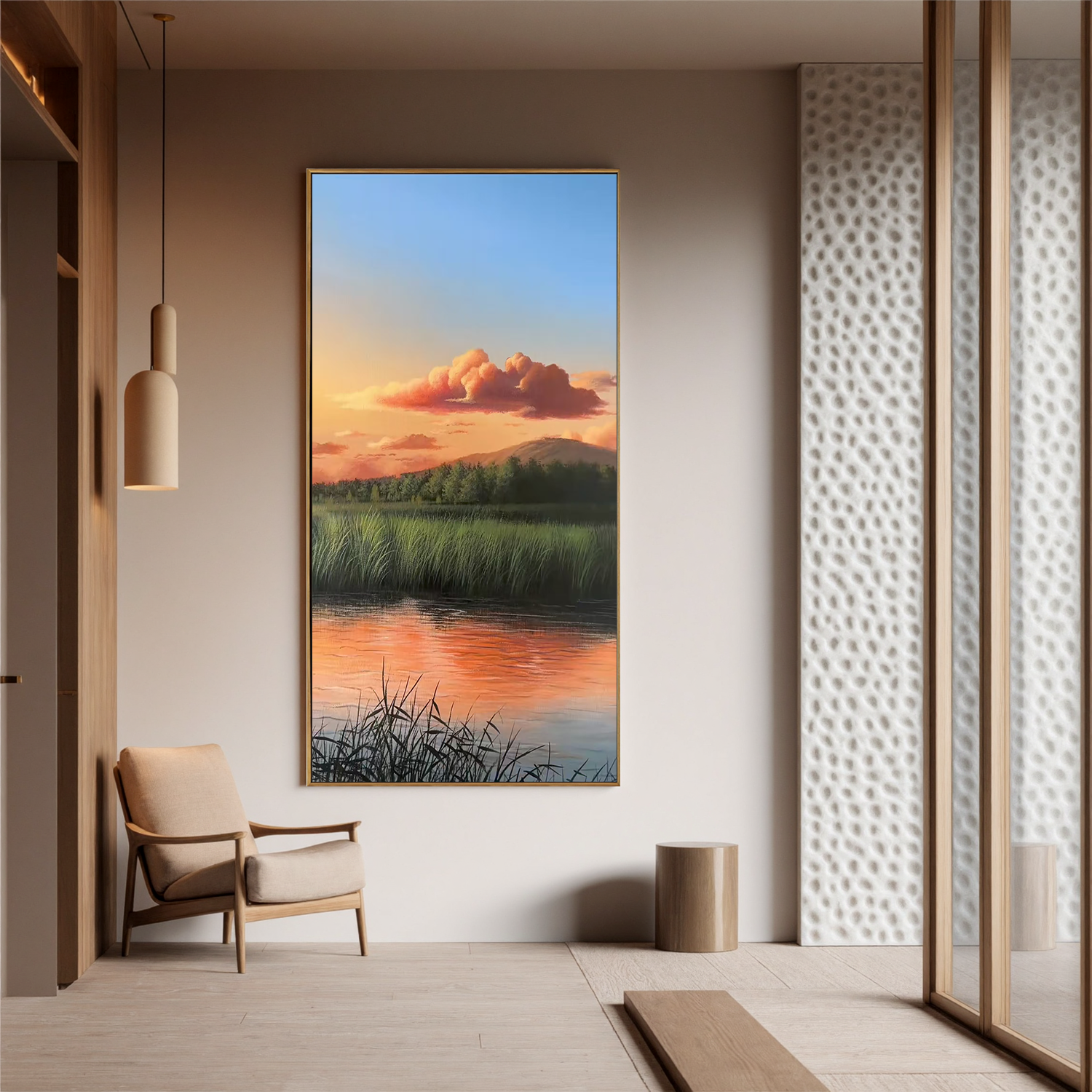 Sunset Marsh Landscape Wall Art, Serene Lake Reflection Canvas Painting, Nature Scenic Wall Decor for Living Room #OA 0782
