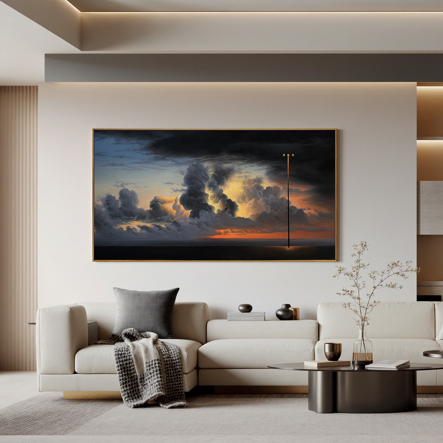 Dramatic Sunset Seascape Wall Art with Lone Streetlight, Panoramic Moody Cloud Landscape Canvas for Living Room Decor #OA 0734