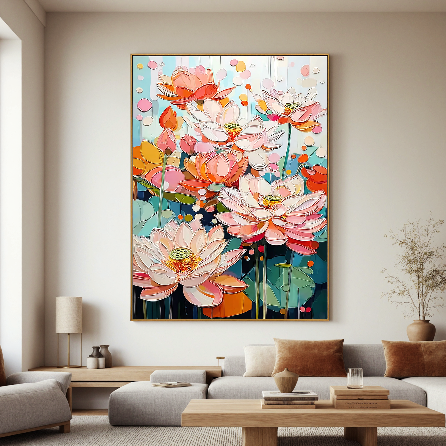 Colorful Lotus Flower Oil Painting, Pink Floral Wall Art for Living Room Decor #OA 0538