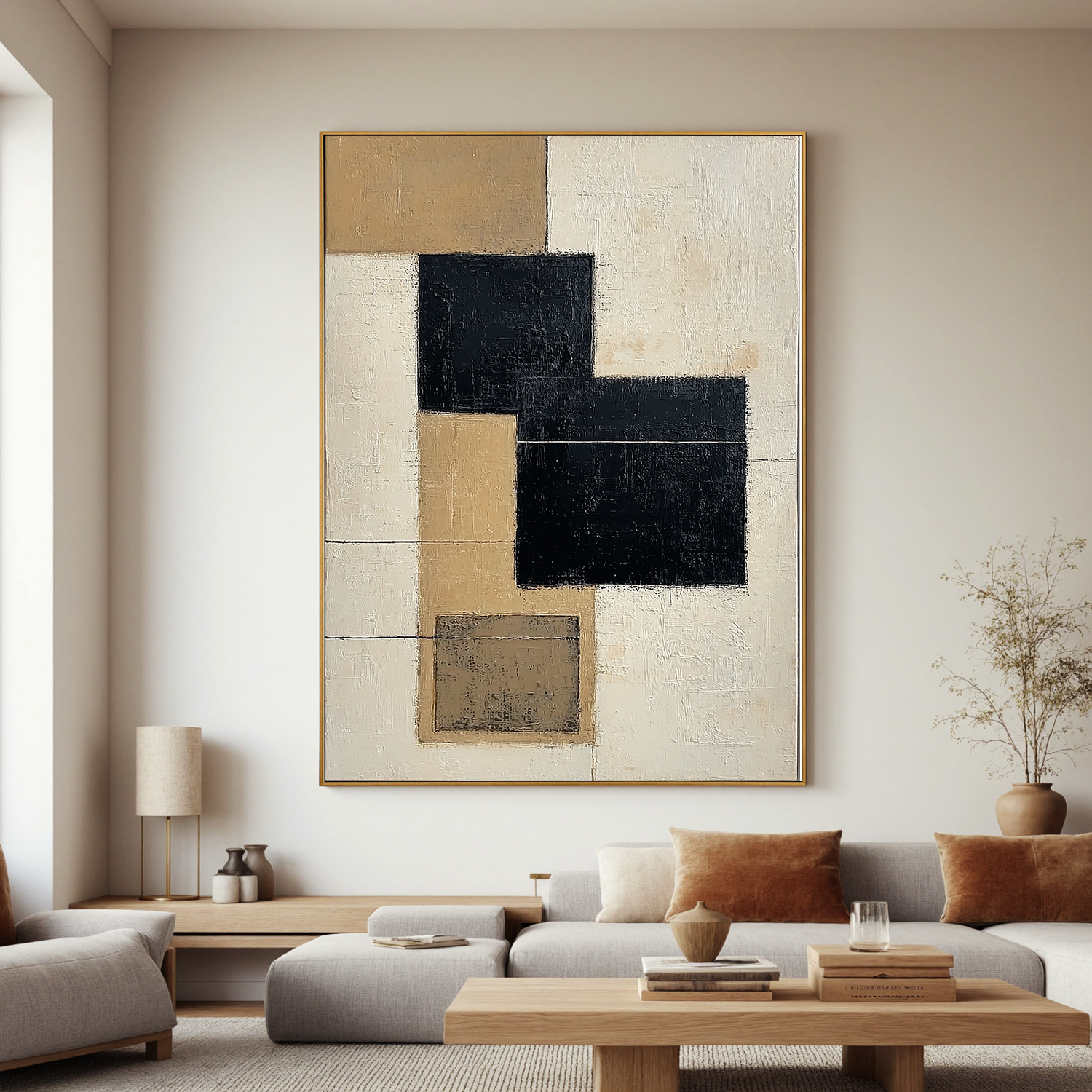 Black and Beige Abstract Oil Painting, Minimalist Geometric Wall Art for Living Room Decor#OA 0570