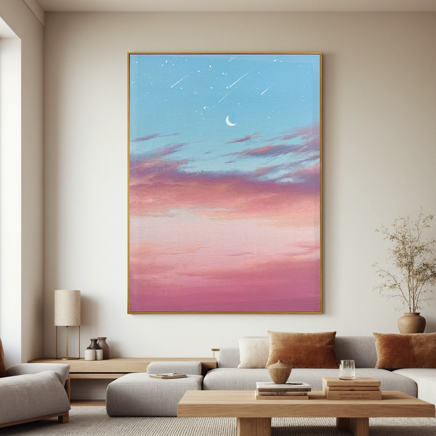 Dreamy Crescent Moon and Shooting Stars Wall Art, Pink Blue Sky Canvas Painting, Romantic Celestial Decor for Bedroom #OA 0786