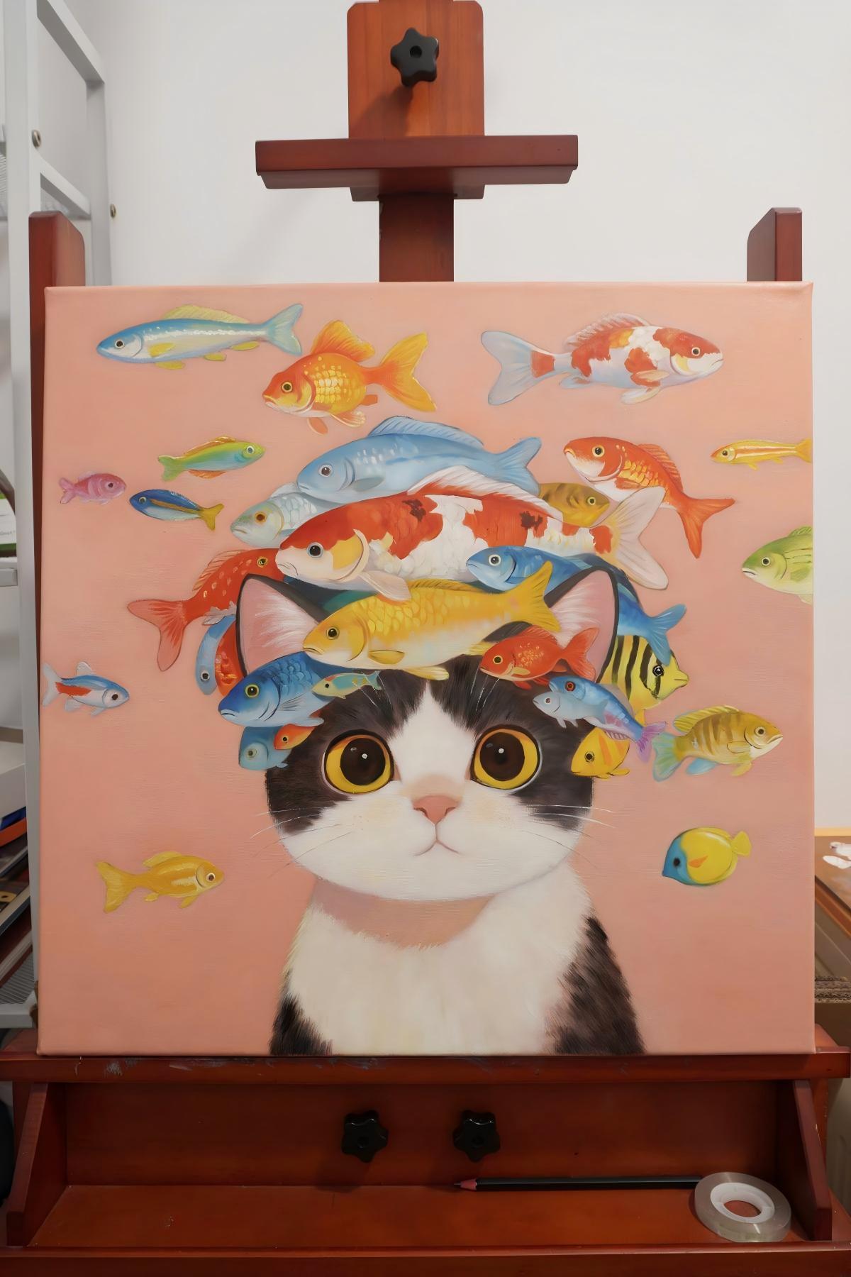 Boss Cat's Fish Hat（20''x 20''/ 50 x 50 CM/Frameless Stretched）