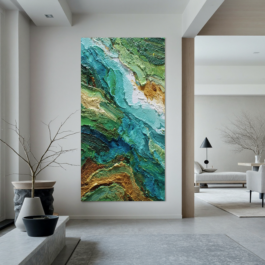 Green Blue Abstract Oil Painting, Textured Nature-Inspired Wall Art for Living Room Decor#OA 0603