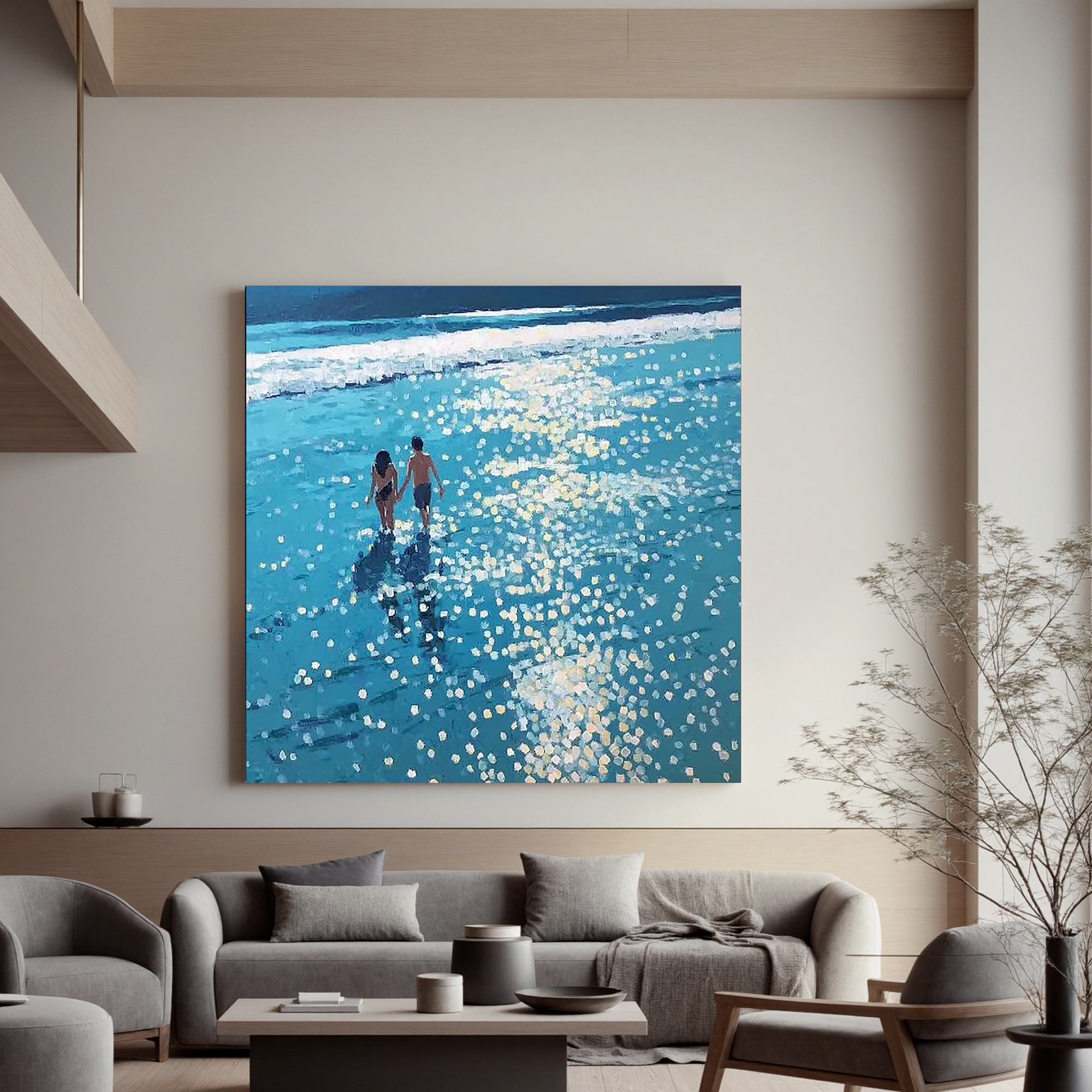 Romantic Beach Couple Wall Art, Blue Ocean Canvas Painting with Sunlight Reflection for Living Room Décor #OA 0423