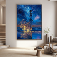 Girl Under Starry Sky Oil Painting, Dreamy Ocean Night Wall Art for Bedroom Decor#OA 0621