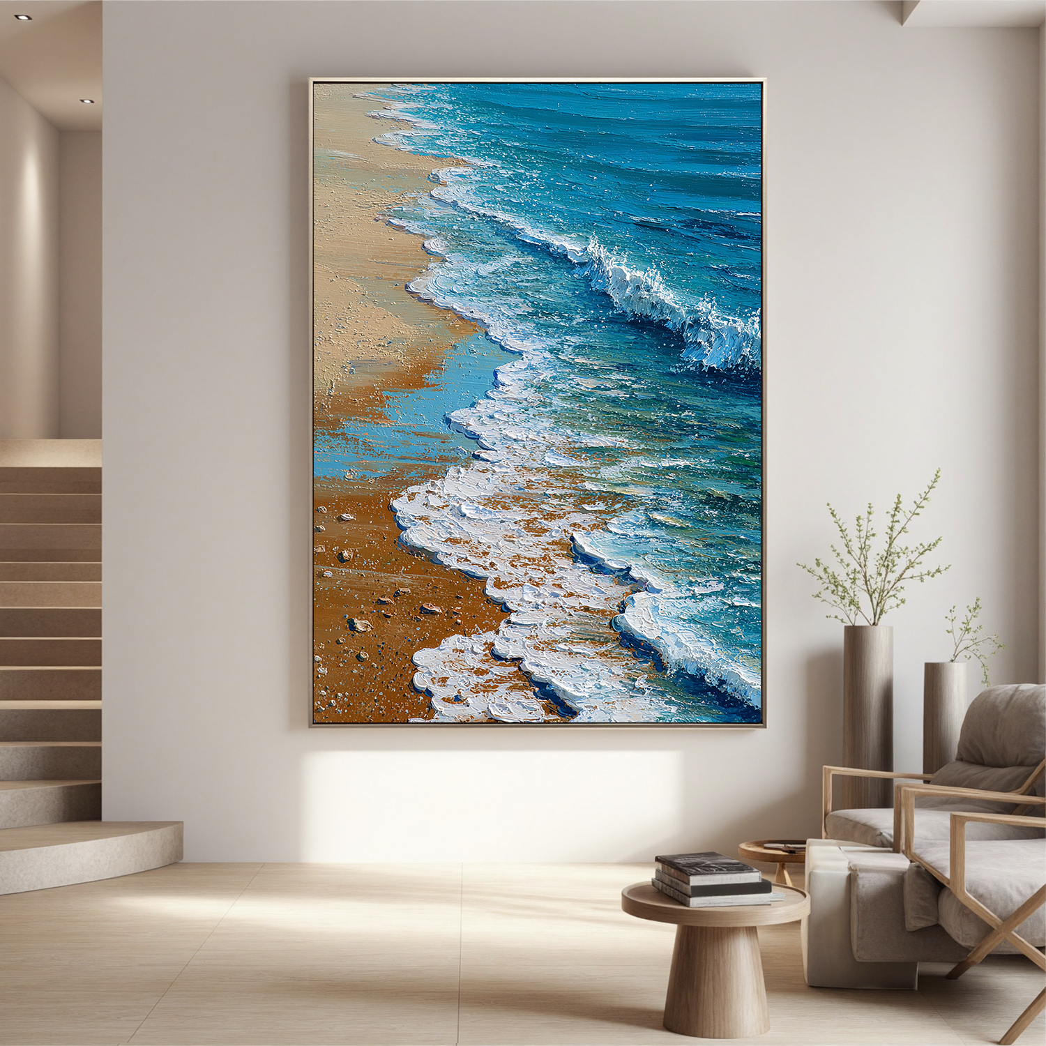 Coastal Beach Wave Wall Art – Blue Ocean Textured Canvas Painting for Modern Living Room Decor#OA 0831