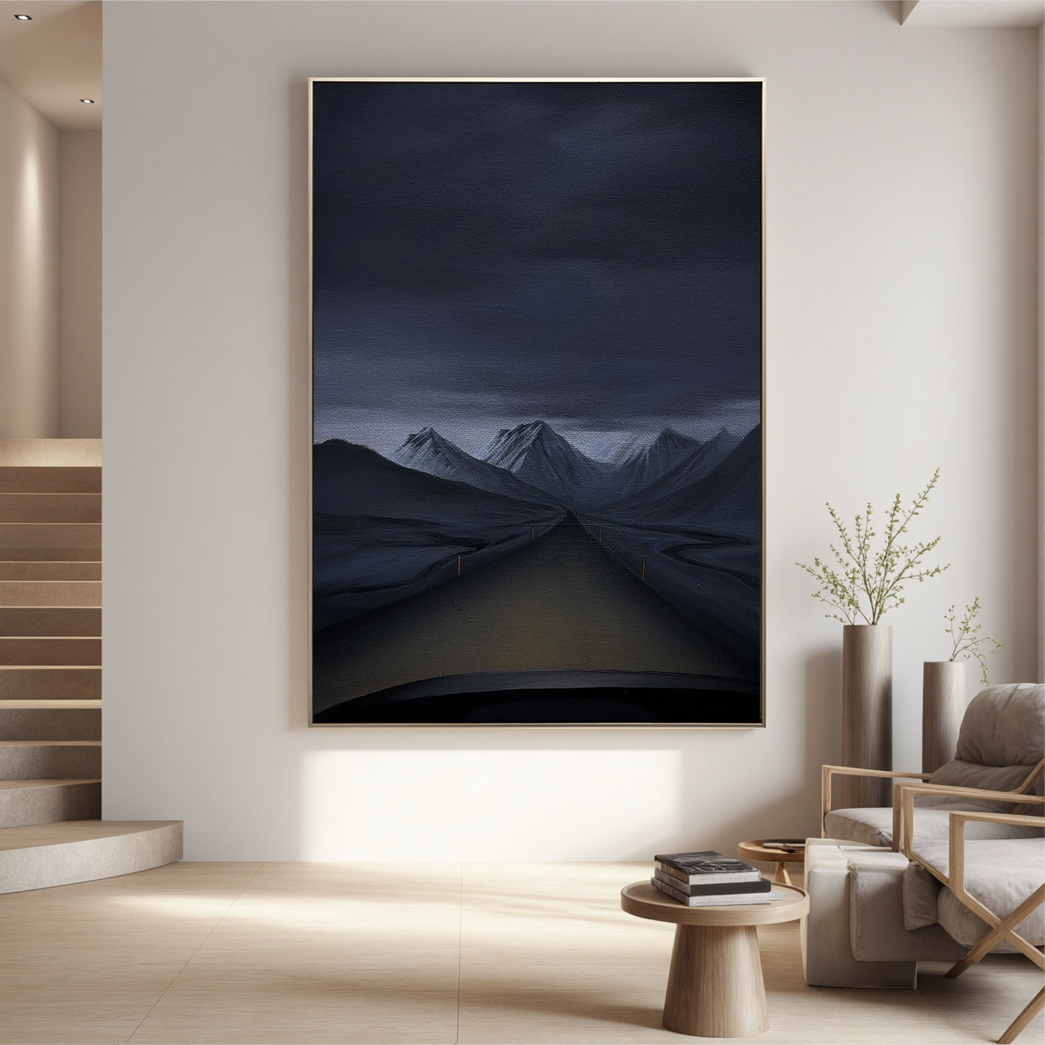 Moody Mountain Road Wall Art, Dark Snowy Peaks Landscape Canvas Painting for Modern Living Room Decor #OA 0744