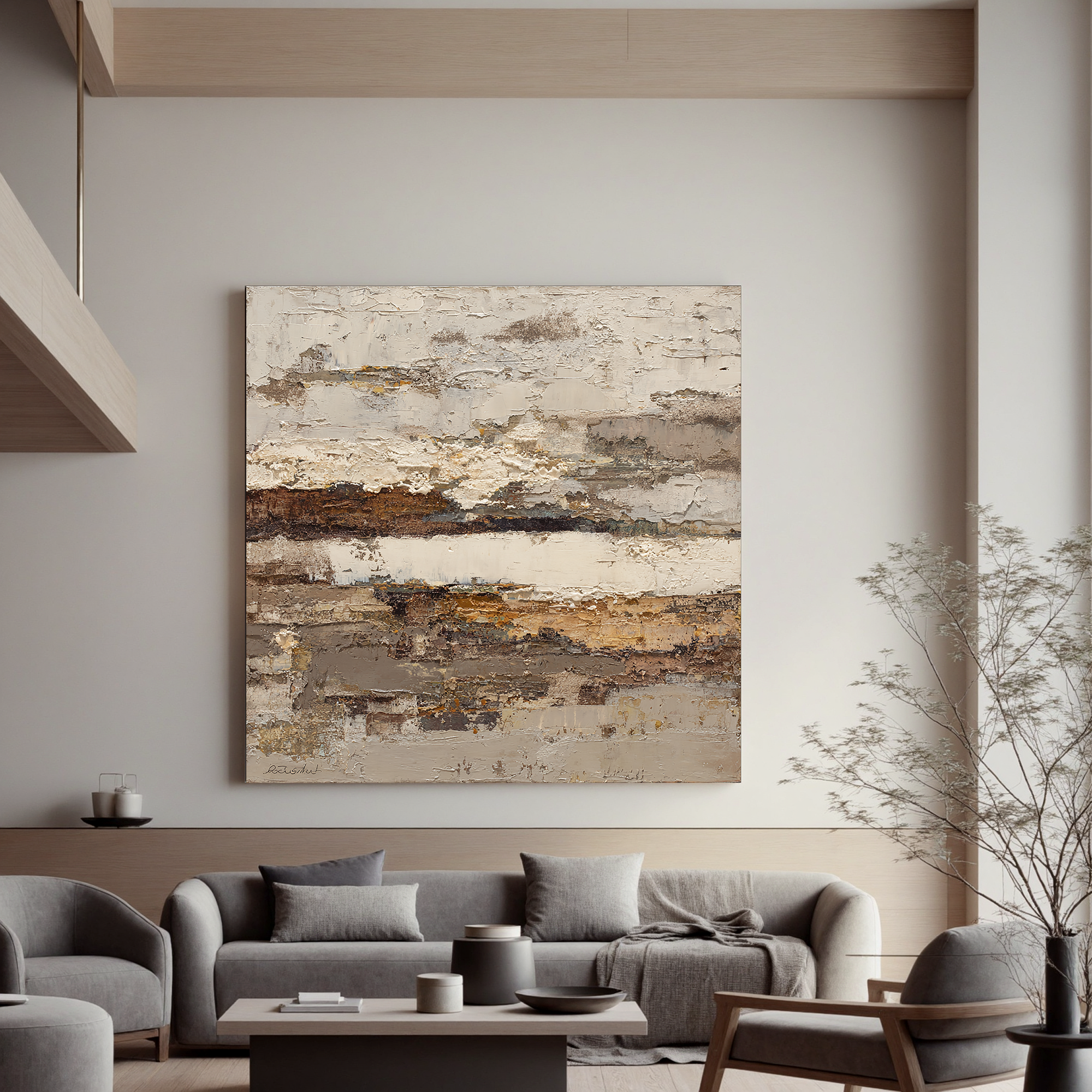 Large Horizontal Neutral Abstract Wall Art – Beige Brown Textured Canvas for Modern Living Room Decor#OA 0829