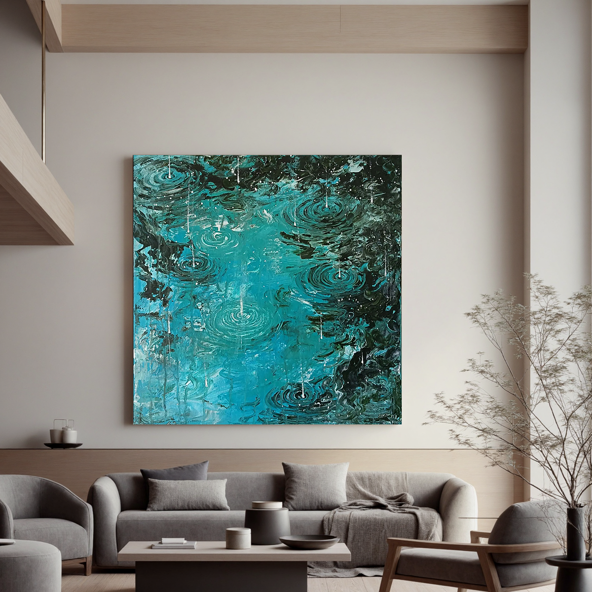 Rain Ripple Oil Painting, Turquoise Water Abstract Wall Art for Living Room Decor#OA 0614