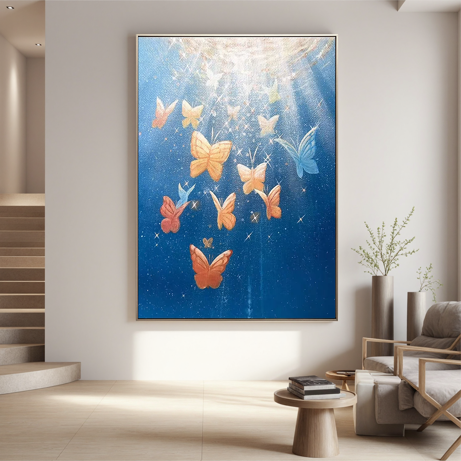 Dreamy Butterfly Wall Art, Celestial Blue Sky Canvas Painting with Light Rays, Whimsical Nature Decor for Living Room or Bedroom #OA 0787