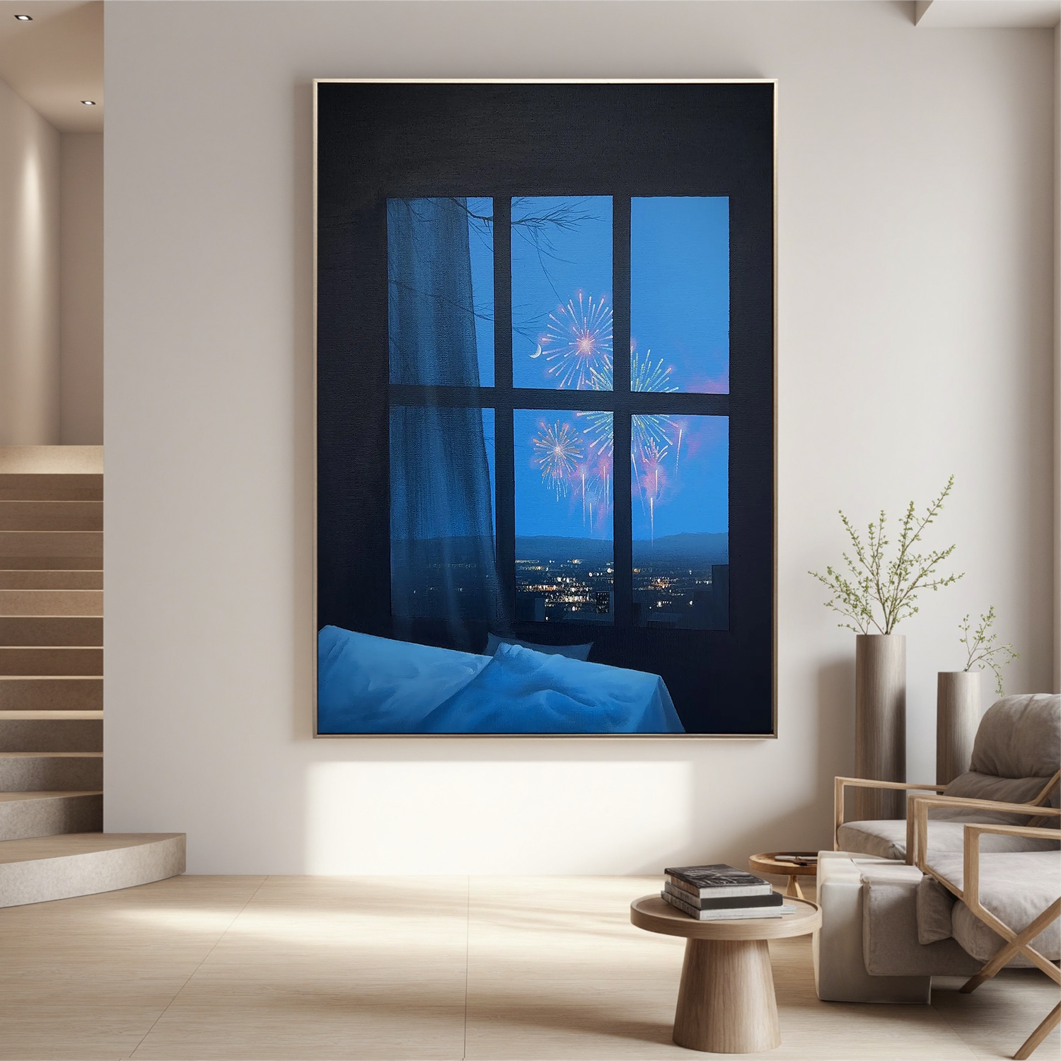 Fireworks City View Wall Art, Romantic Night Window Scene Canvas Painting for Bedroom or Living Room Decor #OA 0745