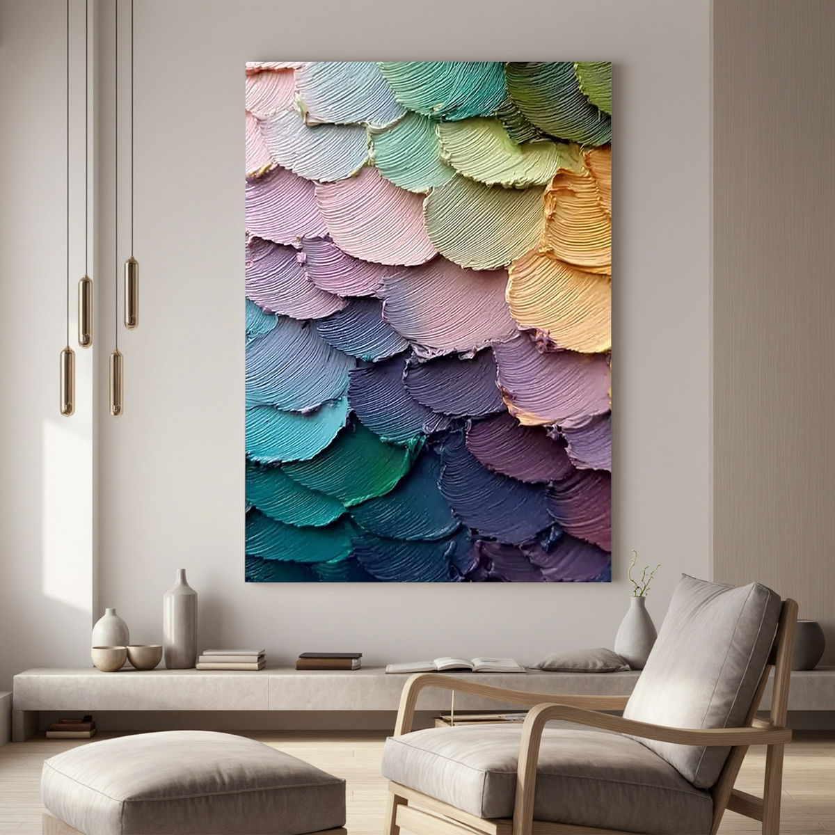 Textured Layered Abstract Oil Painting, Colorful Feather Wall Art for Living Room Decor#OA 0590