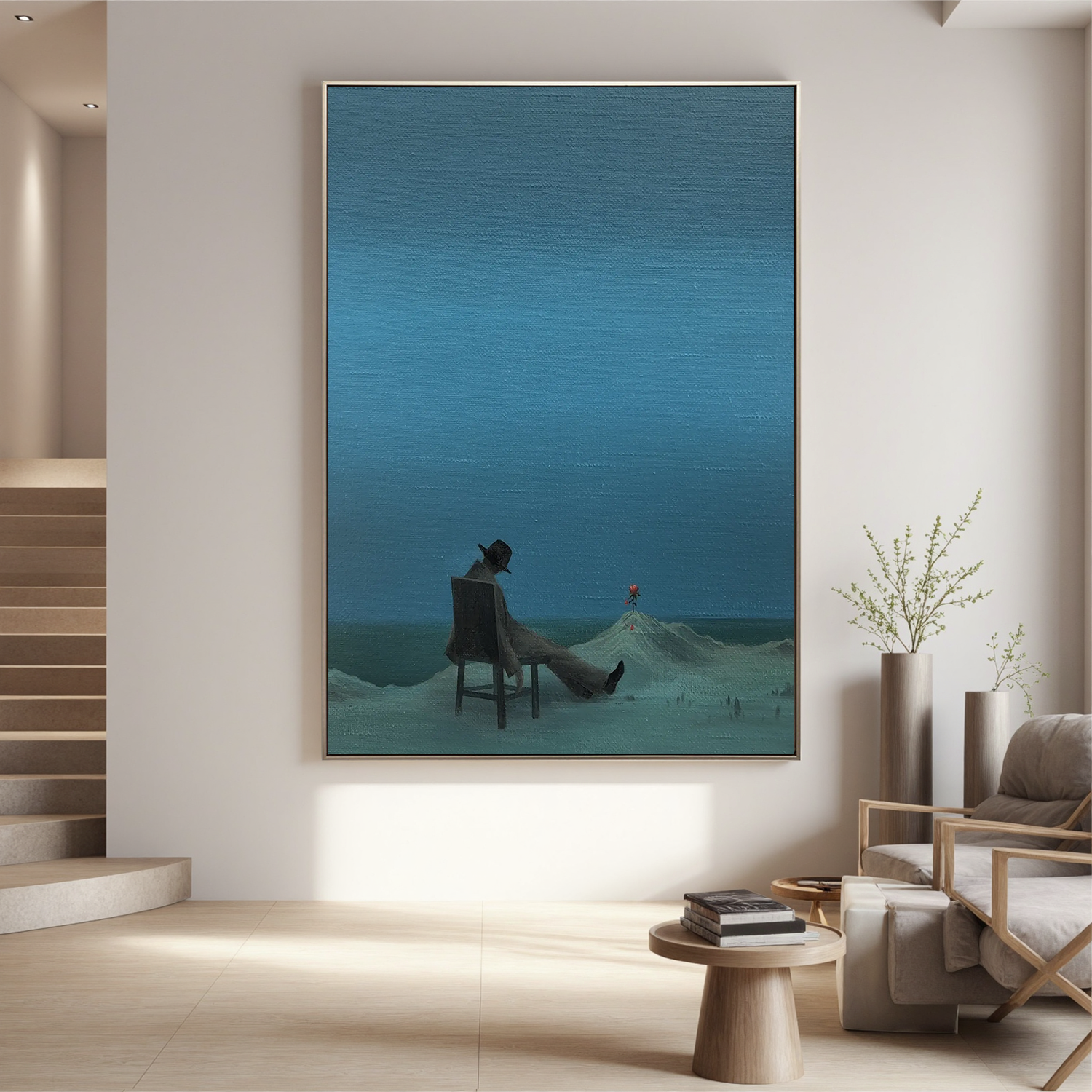 Surreal Minimalist Wall Art, Lonely Man with Red Flower Canvas Painting for Modern Living Room Decor #OA 0763