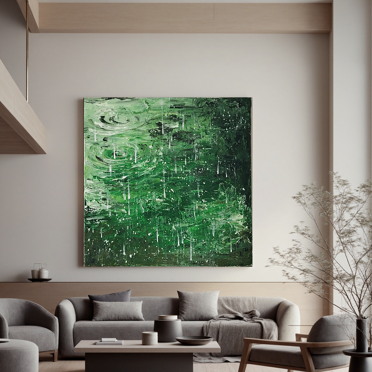 Dark Green Rain Ripple Oil Painting, Abstract Water Wall Art for Living Room Decor#OA 0612