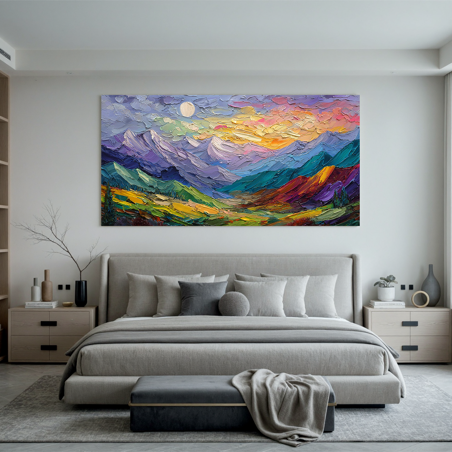 Large Colorful Mountain Landscape Oil Painting – Textured Abstract Canvas Wall Art for Living Room Decor#OA 0887