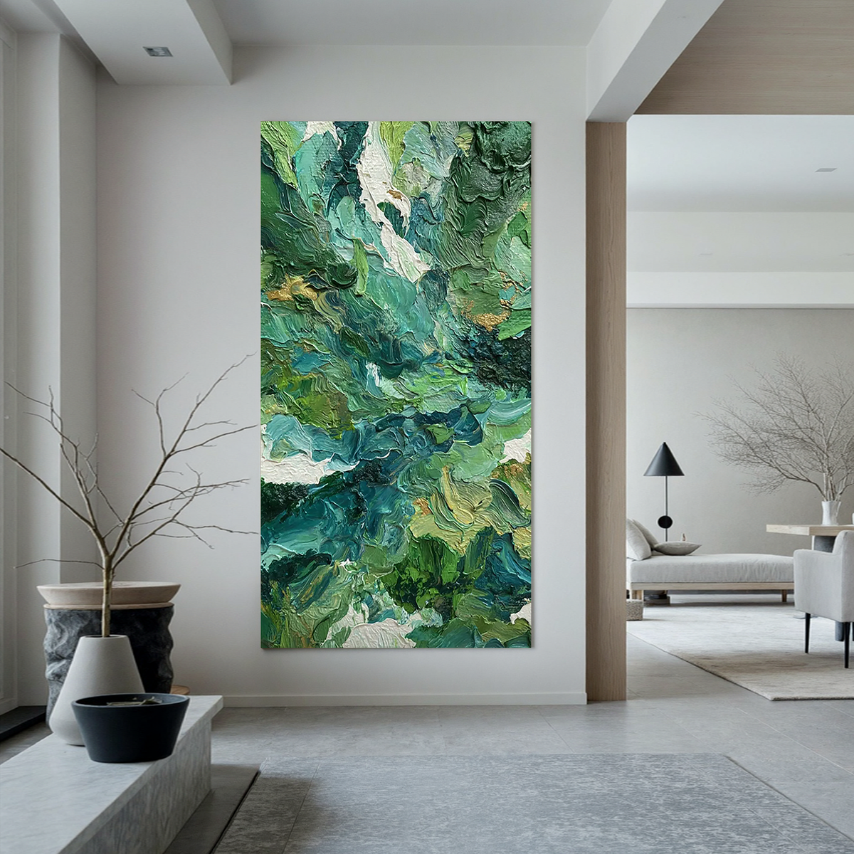 Green Textured Abstract Oil Painting, Nature Inspired Wall Art for Living Room Decor#OA 0598