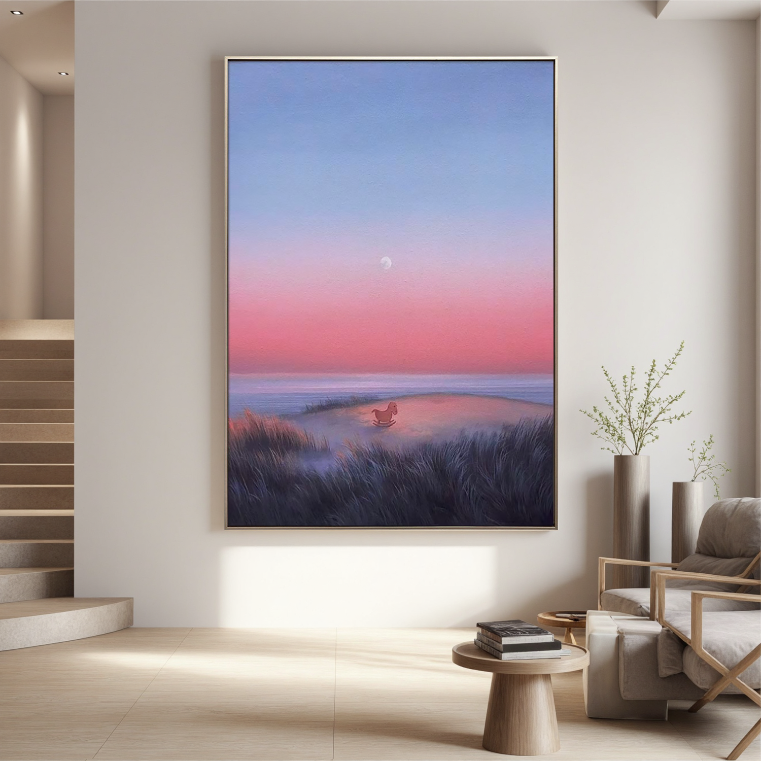Dreamy Coastal Sunset Wall Art with Rocking Horse, Pastel Pink and Blue Seascape Canvas for Nursery or Living Room Decor #OA 0733
