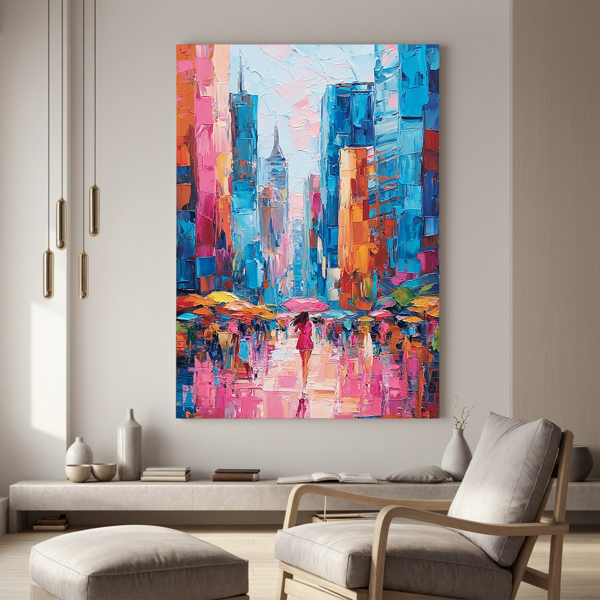 Colorful Abstract Cityscape Oil Painting, Pink and Blue Urban Wall Art for Living Room Decor#OA 0524