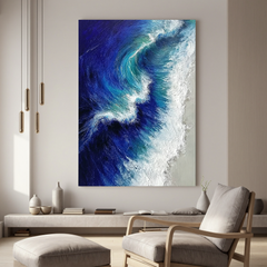 Blue Ocean Wave Oil Painting, Textured Coastal Seascape Wall Art for Living Room Decor#OA 0555